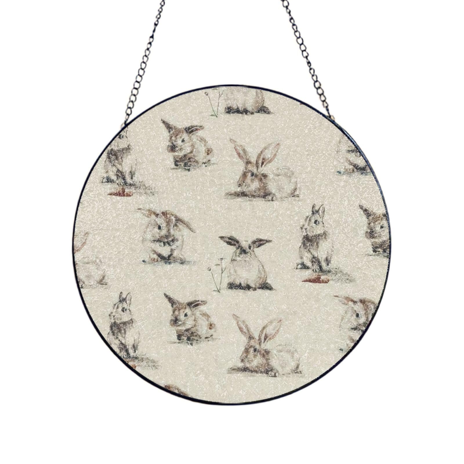 Phayah Rabbit Background Print Glass Window Hanging Round Suncatcher Glass Ornament Garden Wall Fence Decorations Indoor Outdoor 12in（30cm）