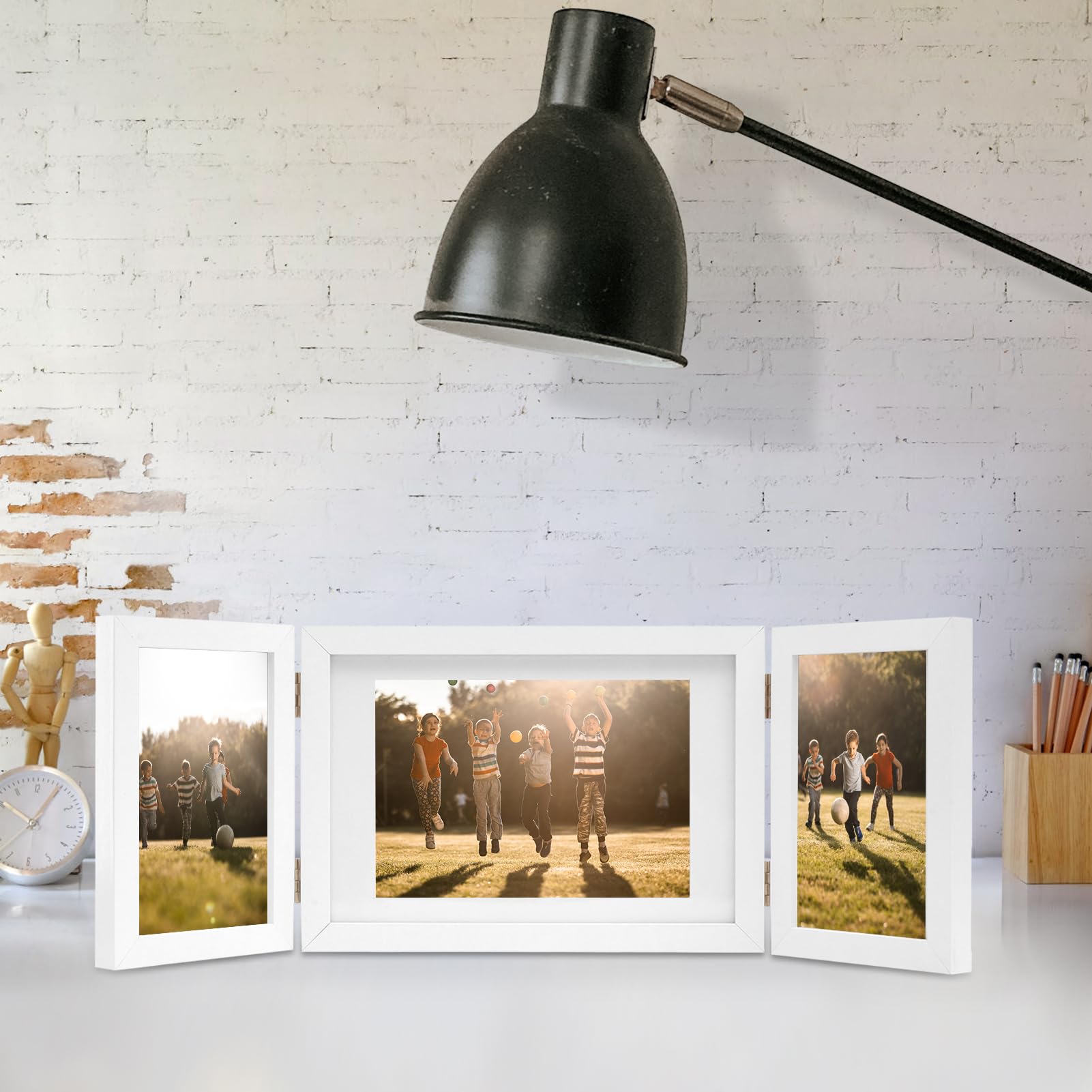 DECOCIAGA Hinged 3 Picture Frame 4x6 & 5x7 Folding Collage Photo Frames Multiple Wooden Desk Picture Frames with Mat for Office Tabletop or Wall Decor, White