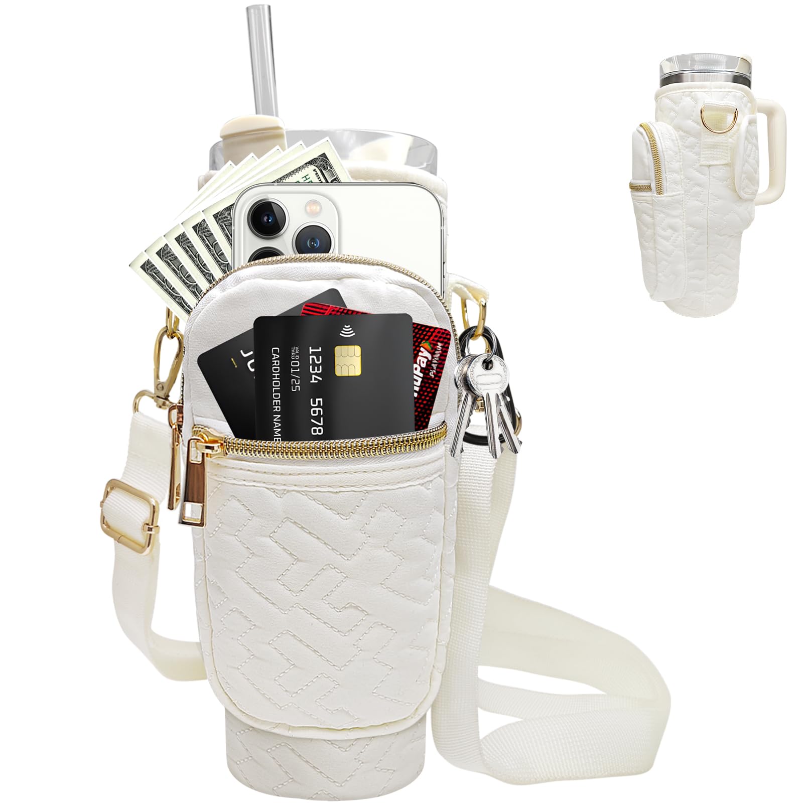 Photo 1 of ALOOF Water Bottle Carrier Bag, Compatible with Stanley 40oz Tumbler, Water Bottle Holder Pouch with Adjustable Shoulder Strap, for Stanley Cup Accessories (White) 