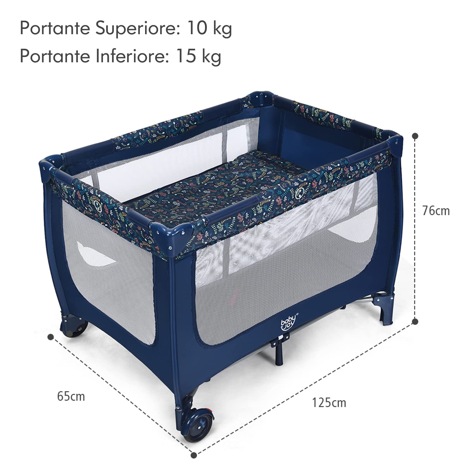 RELAX4LIFE Lettino Neonato con Materasso, Lettino da Campeggio per Bambini, Culla da Viaggio con 2 Ruote con Freno e Borsa, per Bambini 0-36 Mesi (Blu)