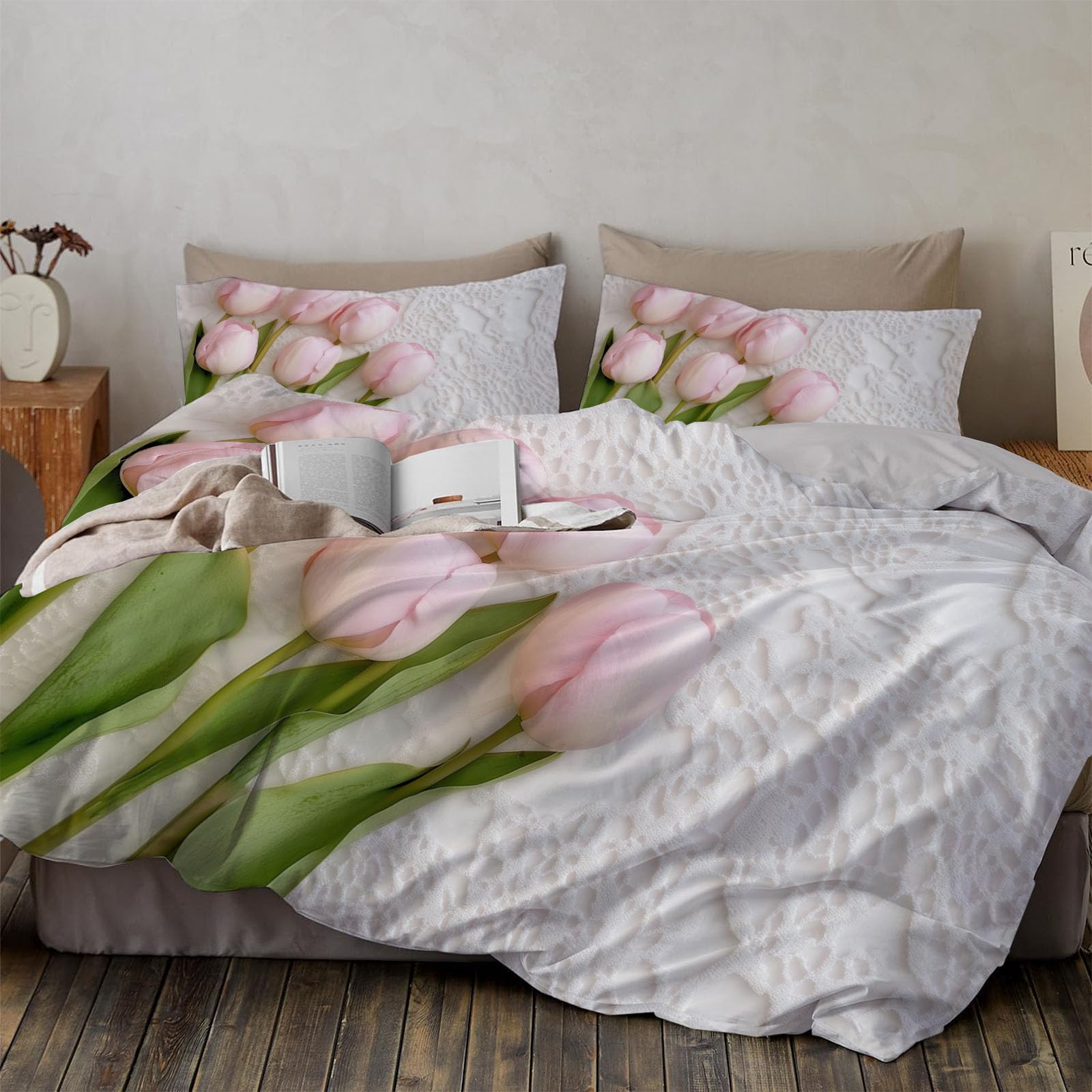 Housse de couette réversible tulipes roses avec 2 taies d'oreillers pour lit 2 personnes