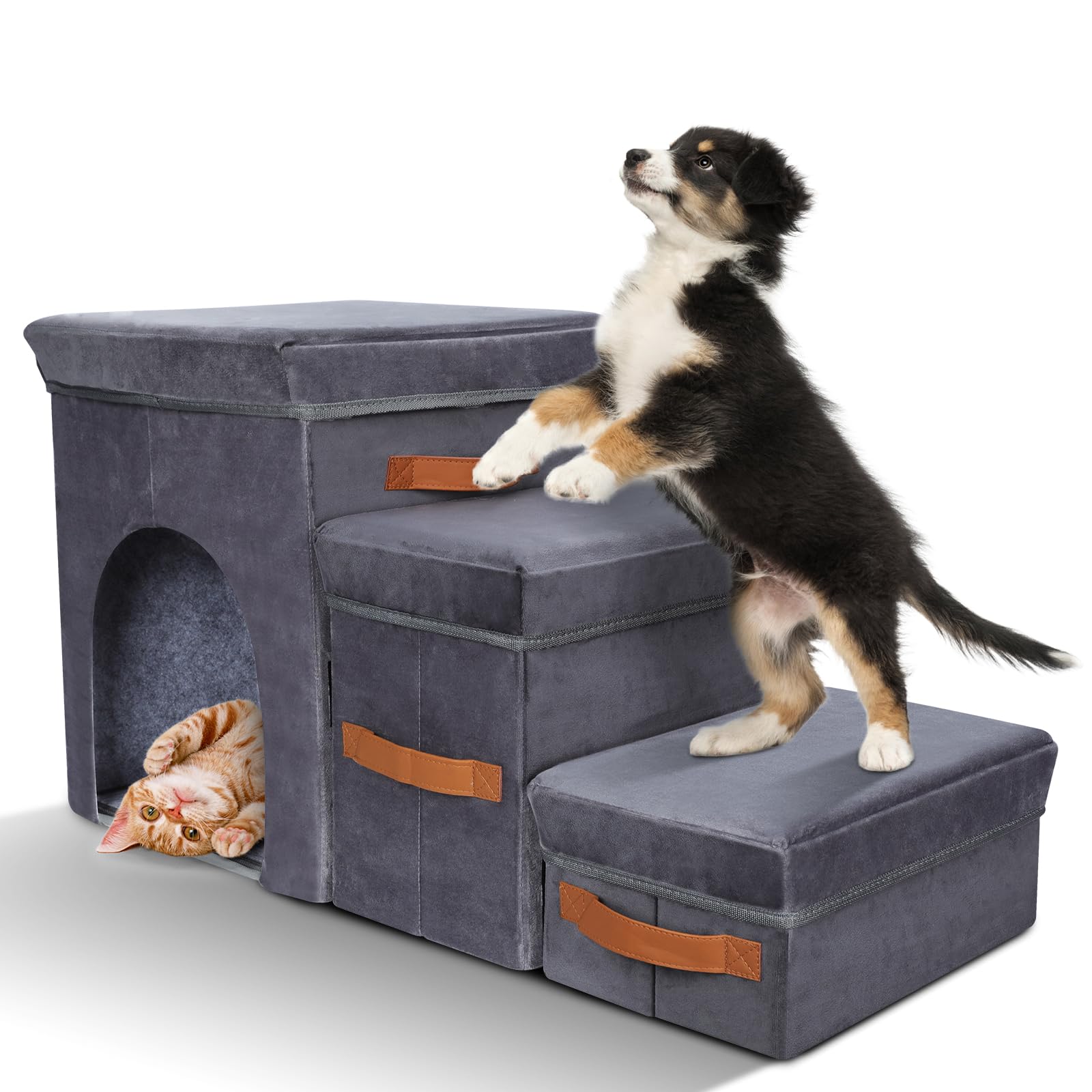 Zvonema Escalera para perros, escalera para perros de 3 niveles, plegable para perros pequeños, escalera para mascotas más ancha con espacio de almacenamiento, rampa antideslizante para perros para