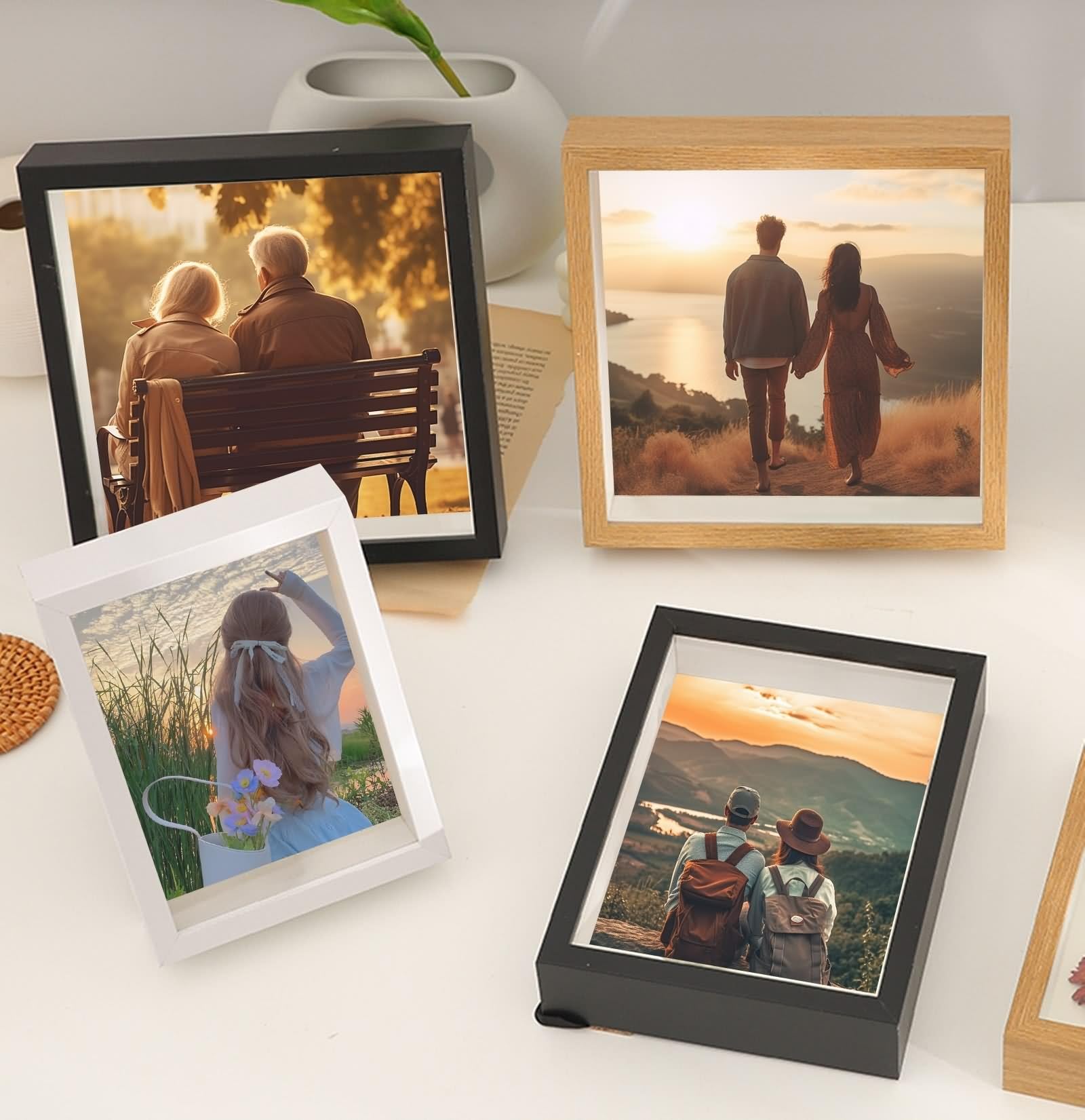 Photo Frame Vintage, Picture Frames Set Schwarz Tiefe 3 cm Quadrat für Tischaufsteller 25x25cm