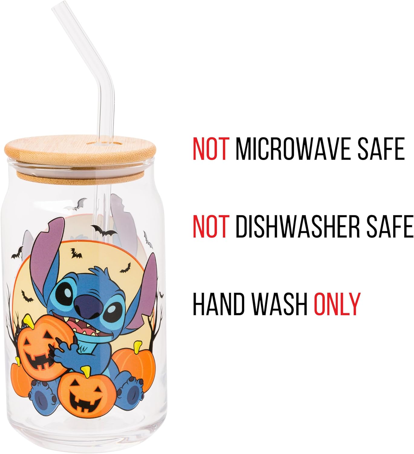 Silver Buffalo Disney Lilo and Stitch Halloween Spooky Pumpkin Patch Jack-O-Lantern Glass Jar Tumbler with Bamboo Lid and Glass Straw, 16 Ounces - Image 3