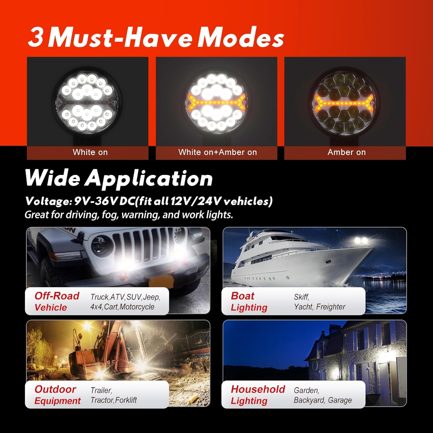 Firehawk LED Light Pods Bar 4 Inch 30000LM 60W Round Spot Flood Amber White Driving Offroad Fog Work Backup Bumper for Truck Jeep ATV UTV SUV Tractor Motorcycle 4x4 Cart Trailer Boat Waterproof 2PCS