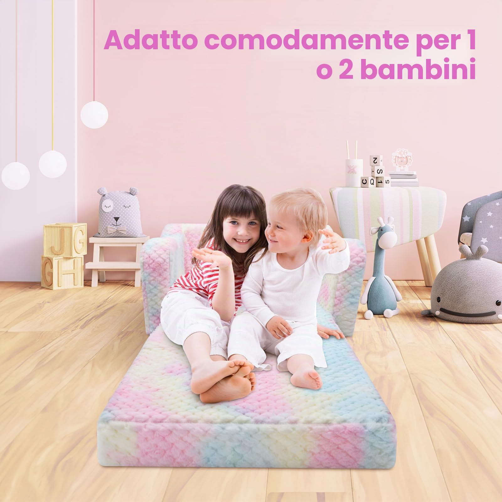 Divano Bambini Trasformabile 2-in-1,Poltroncina Pieghevole per Bambini Ragazze con Cuscino a Forma di Stella ,Comoda Divano Letto per Bambini per Camere da Letto e Soggiorno,Rosa Griglia Diamantata
