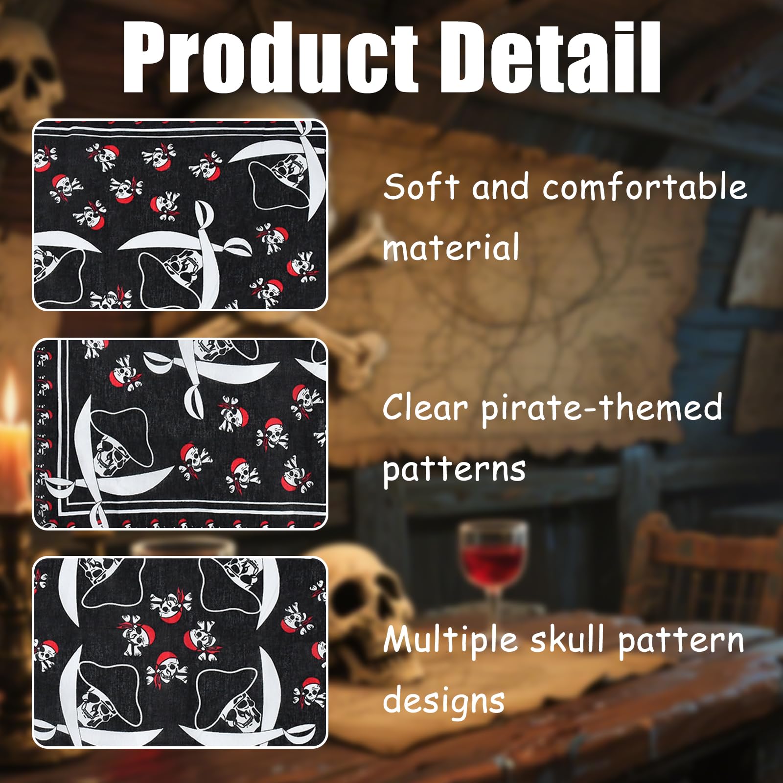 3 pañuelos negros de calavera, diadema de pirata de Halloween, bufanda de algodón de doble cara, envoltura para la cabeza para mujeres y hombres, uso diario unisex