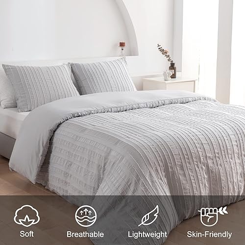 Miniatura 3 de WARMDERN Juego de funda de edredón bohemio tamaño King, ropa de cama de microfibra a rayas gris claro, cierre de cremallera, diseño bohemio