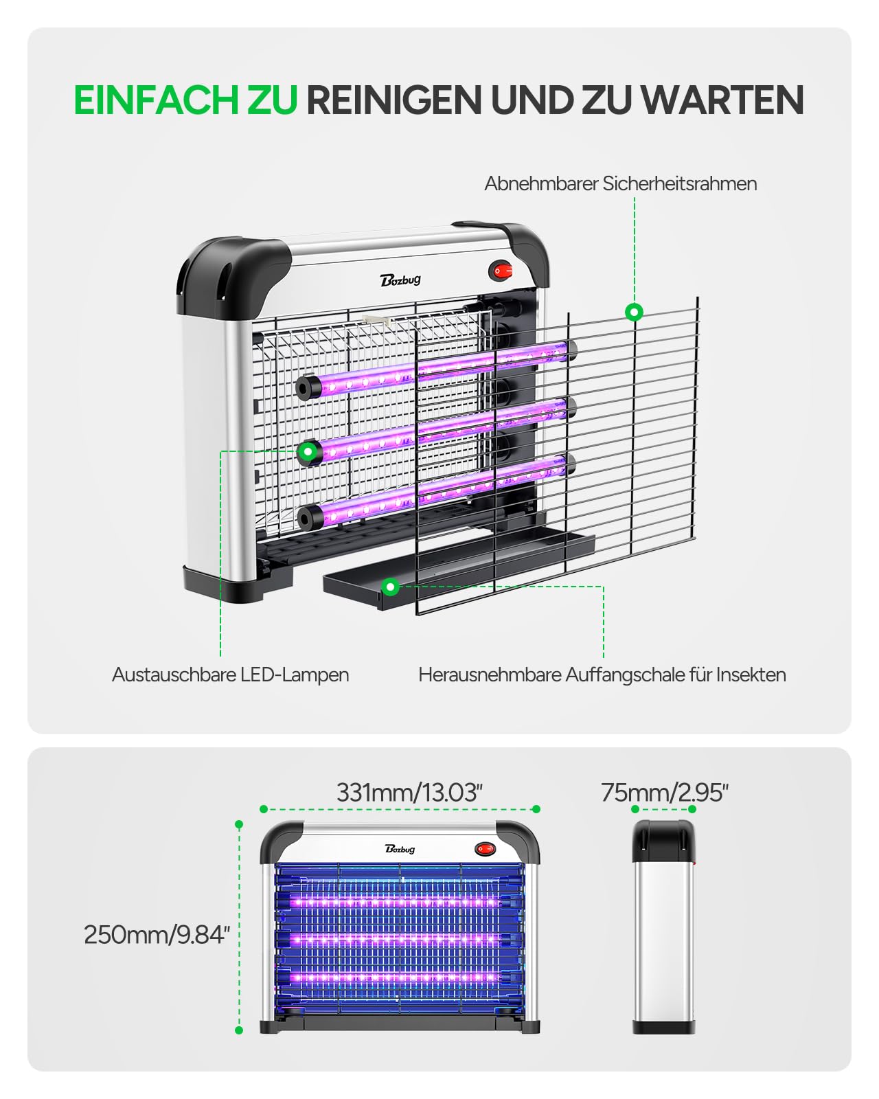 Buzbug LED Insektenvernichter, 3800V Starke Mücken- und Fliegenfalle, 3 Lampen, Nachhaltig mit geringerem Stromverbrauch, Mückenlampe, Mückenschutz, Mückenabwehr, Insektenfänger (Neues Schwarz)