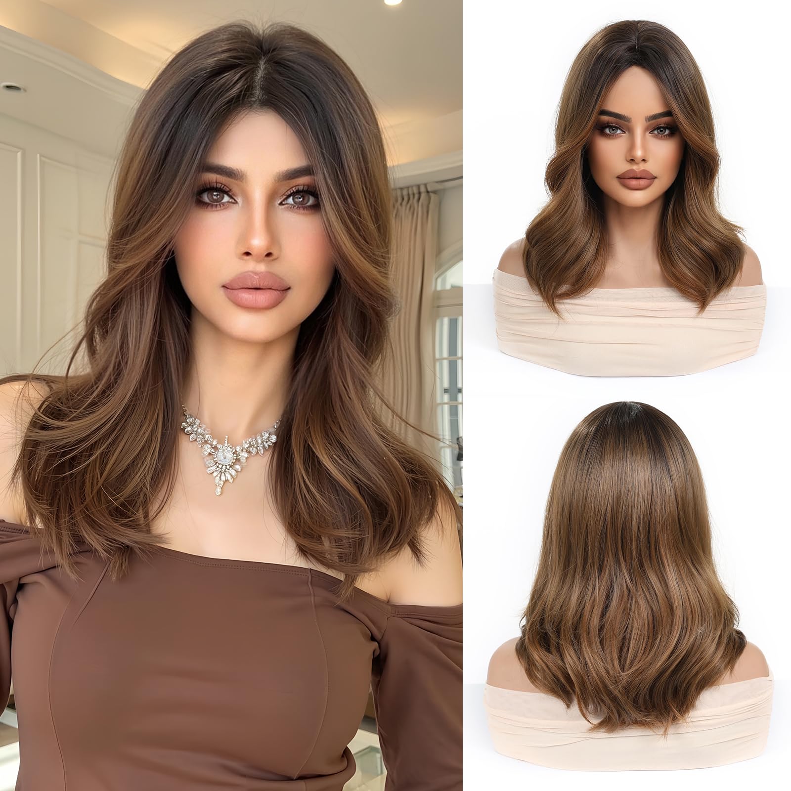 Esmee Long Wavy Brown Wigs for Women Natural Synthetic Hair Ombre Wig for Daily & Party Use, Brown 1291, 16 pollici