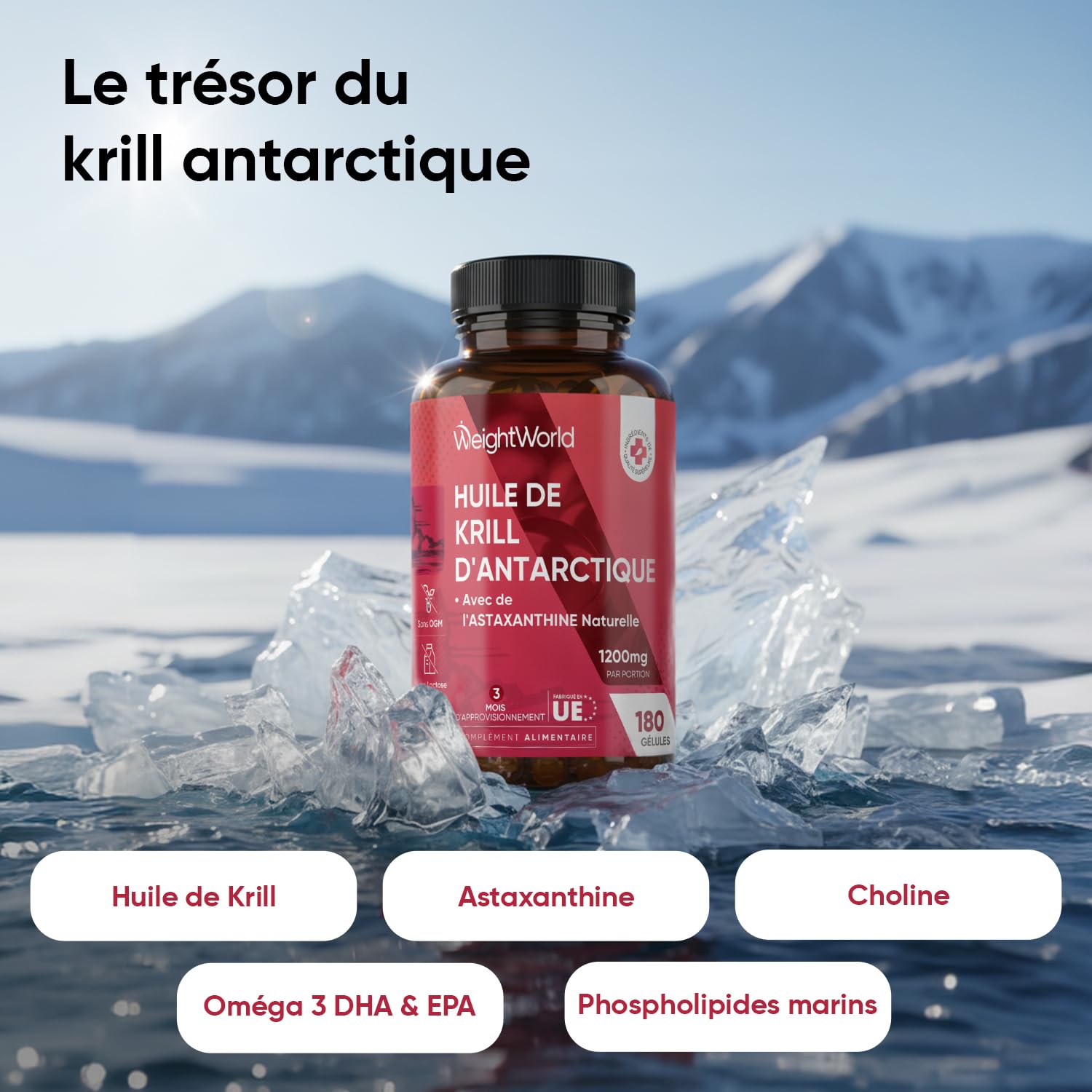 Huile de Krill d'Antarctique 1200mg Oméga 3 DHA EPA - 180 Gélules