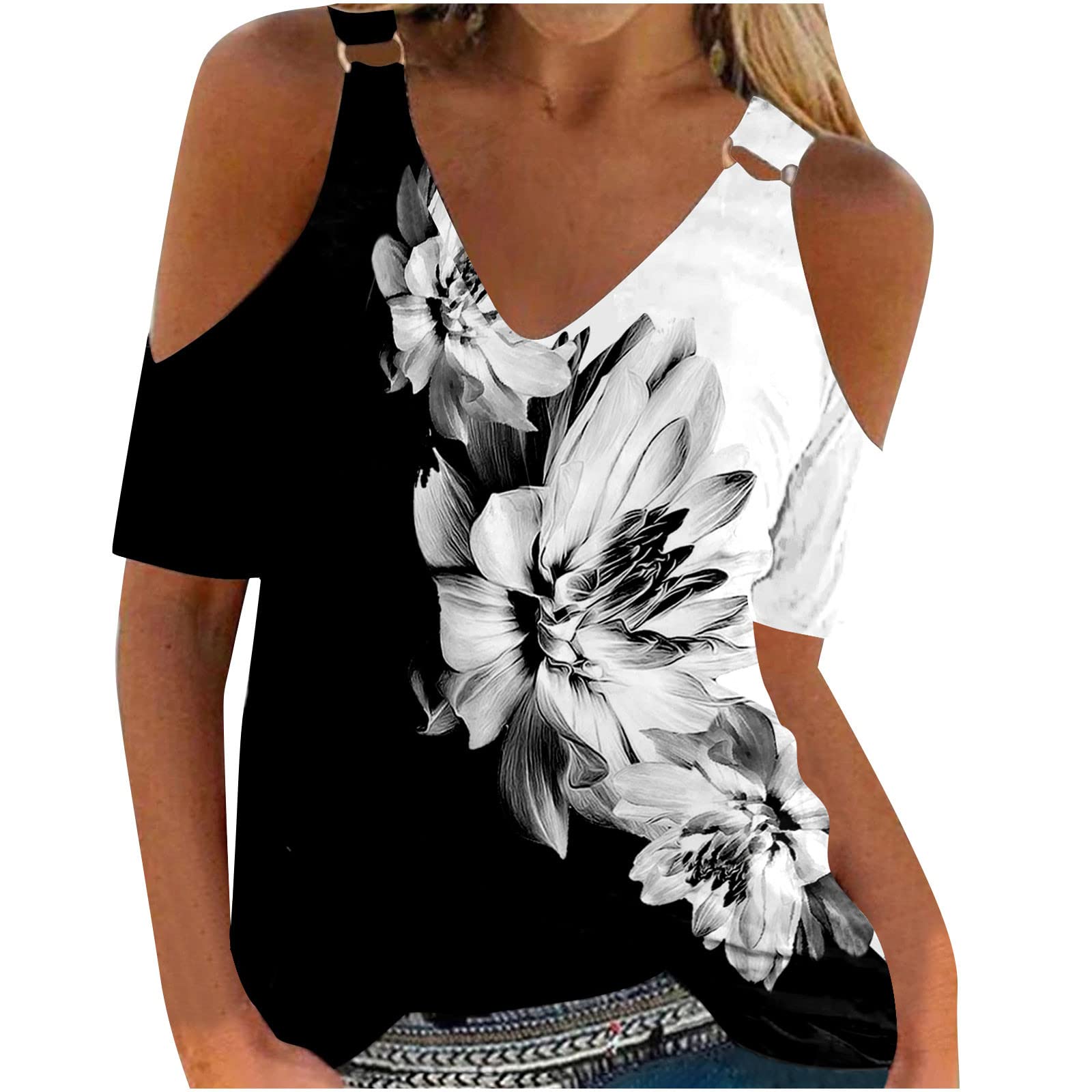 2023 Camiseta de Manga Corta Mujer, Moda Verano Impresión Blusa Camisa Cuello en V Camiseta un Hombro Suelto Tumblr Sexy Camiseta Deporte Mujer Talla Grande Camiseta Mujer Manga Corta Verano
