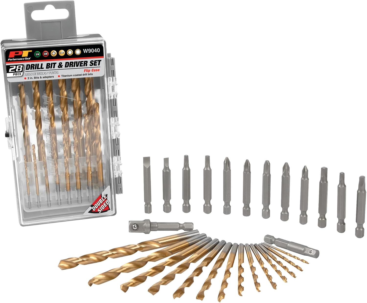 Performance Tool W9040 28pc 1/4-Inch Titanium Coated Drill Bit and Driver Set with Socket Adapters, Flip Case and Hanger Tab