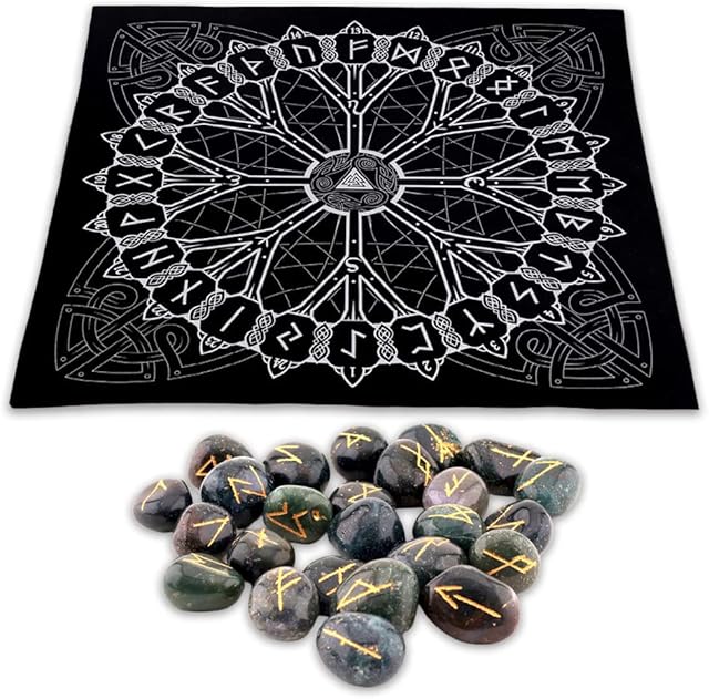 Healing Crystals Rune Stones Witchcraft Supplies, Engraved Elder Futhark Crystal Sets For Beginners, Crystals And Gemstones Runes Witchcraft Kit With Velvet Pouch For Meditation Gifts ( Blood Stone )