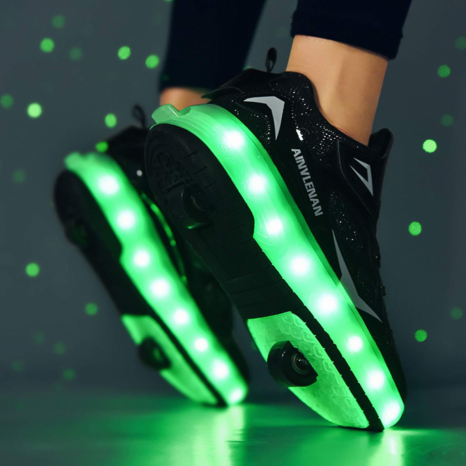 RDJSHOP Niños Niñas Zapatos de Patinaje sobre Ruedas Double Wheels Zapatos Intermitentes LED de Carga USB Zapatillas de Patinaje sobre Ruedas en Línea Calzado Técnico de Skate,Black-4.5UK/37EU