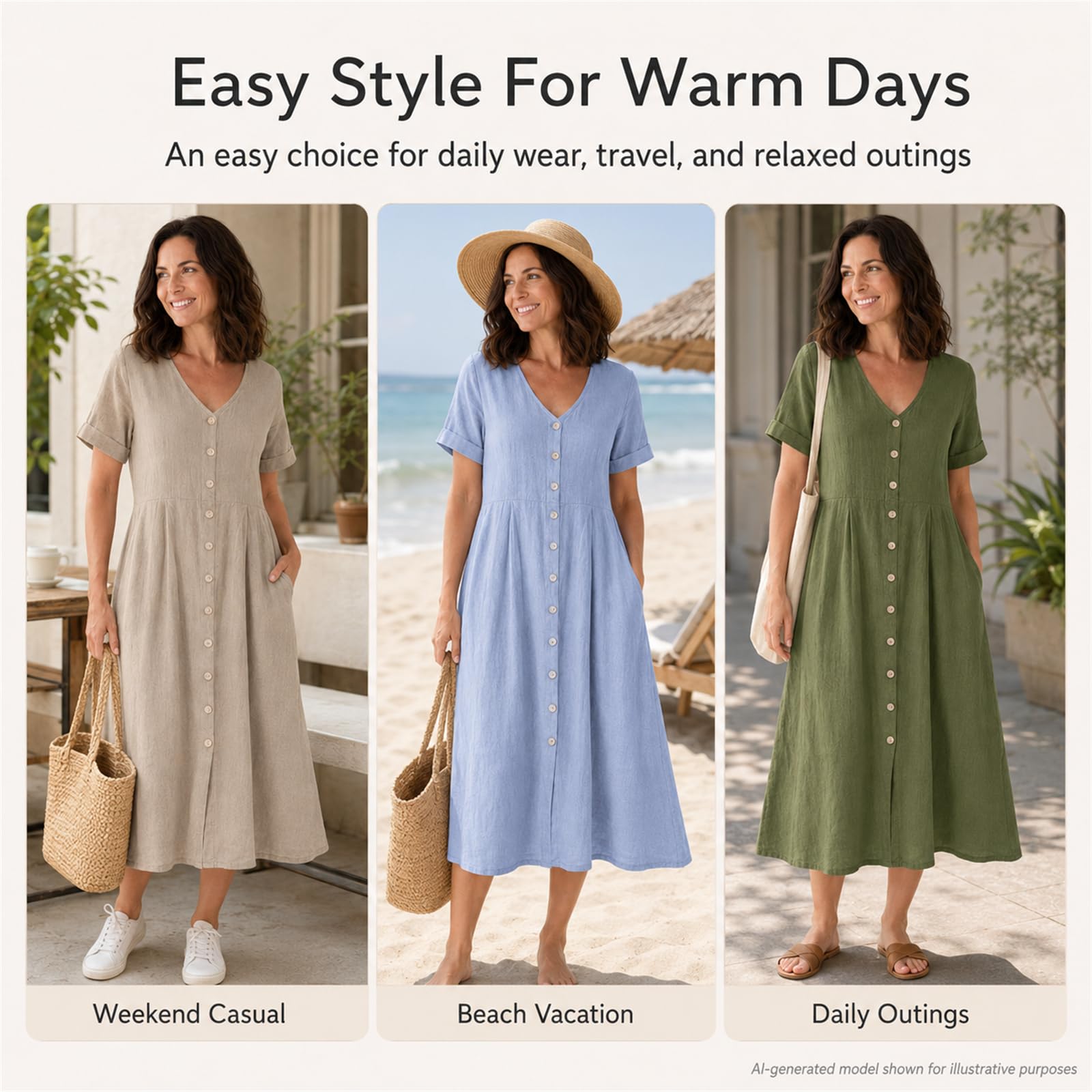 Abito in cotone lino da donna, estivo, con bottoni, scollo a V, maniche