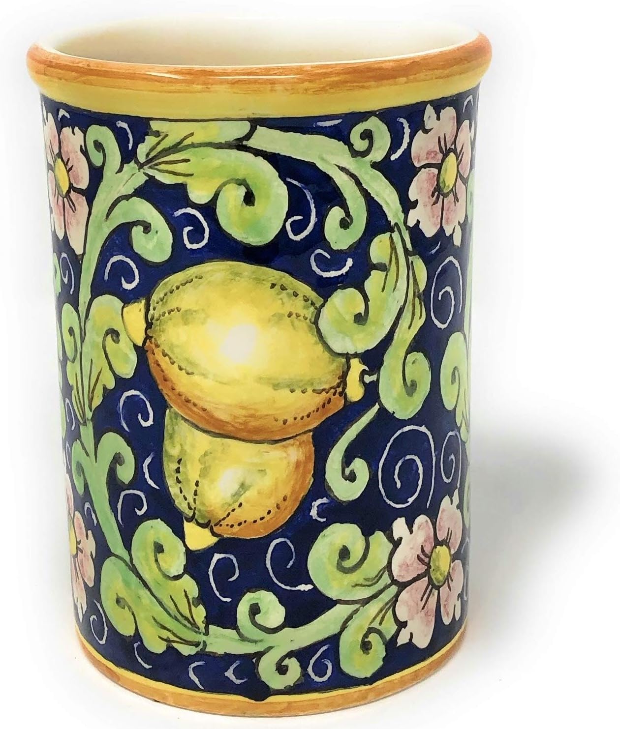 CERAMICHE D'ARTE PARRINI- Italian Ceramic Utensil Holder Vessel Hand Painted Decorated Lemons Made in ITALY Art Pottery