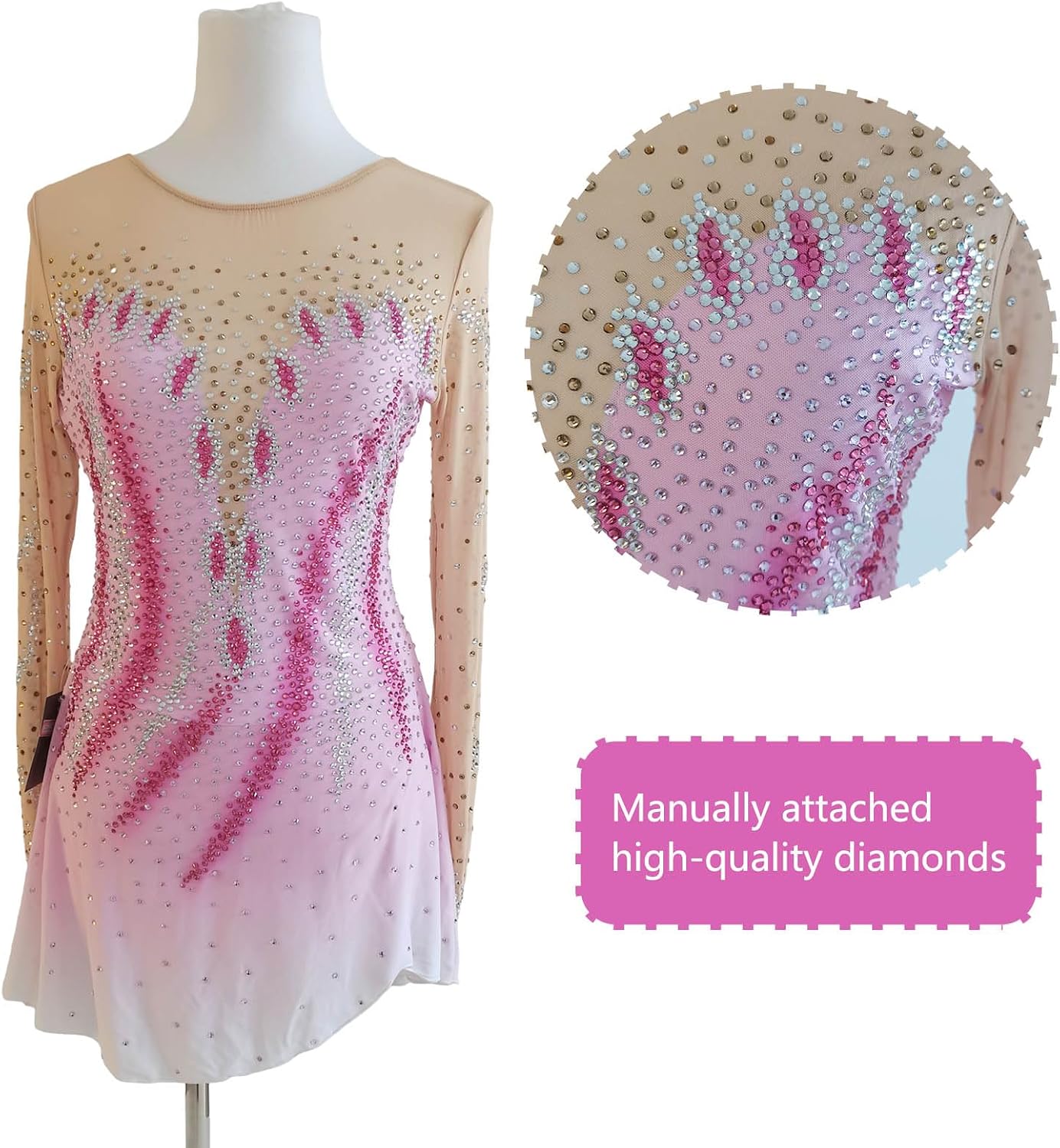LIUHUO Pink Gradient Ice Figure Skating Dress Women's Girls Competition | Long Sleeve Comfort Ventilate Elastic Support Customization Shining Diamond