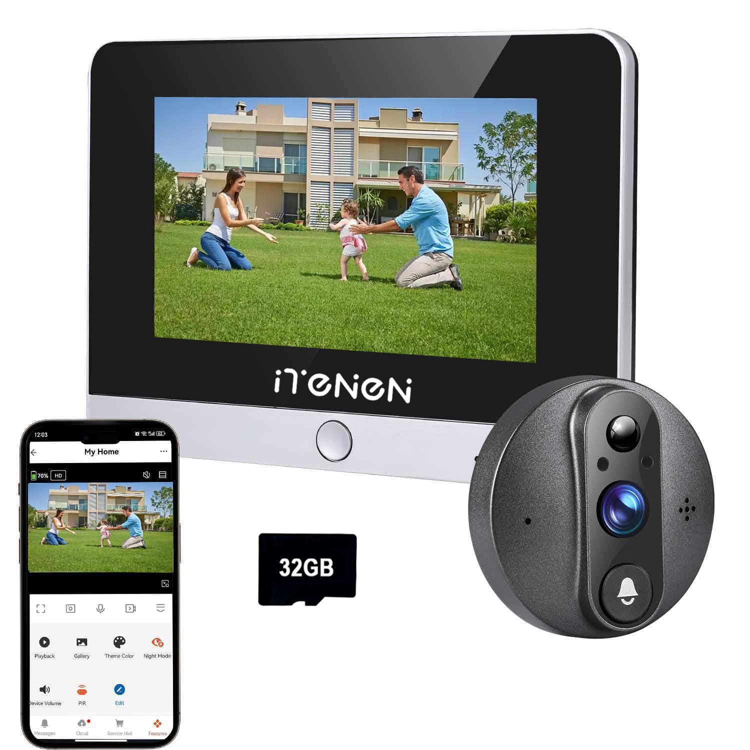 600PA WLAN Türspion Kamera mit 32GB Speicherkarte mit 5.0 Zoll Farbbildschirm 10000mAh Akku,2K Kabellose Video Türklingel Kamera mit 160°-Winkel, PIR-Bewegungserkennung,Zwei-Wege-Videoanruf
