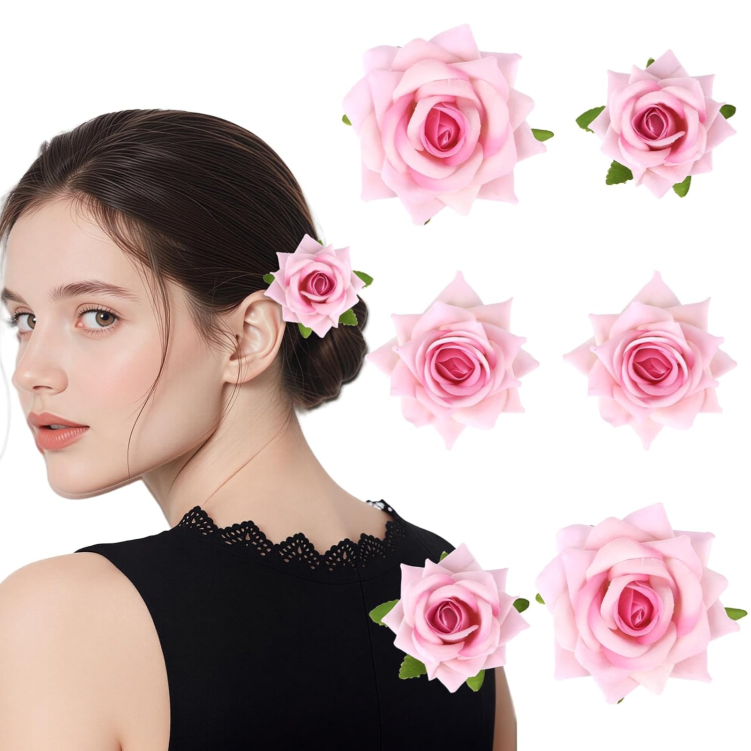 6 PCS Pink Roses Flower Hair Clips Rose Hair Clip Pink Fabric
