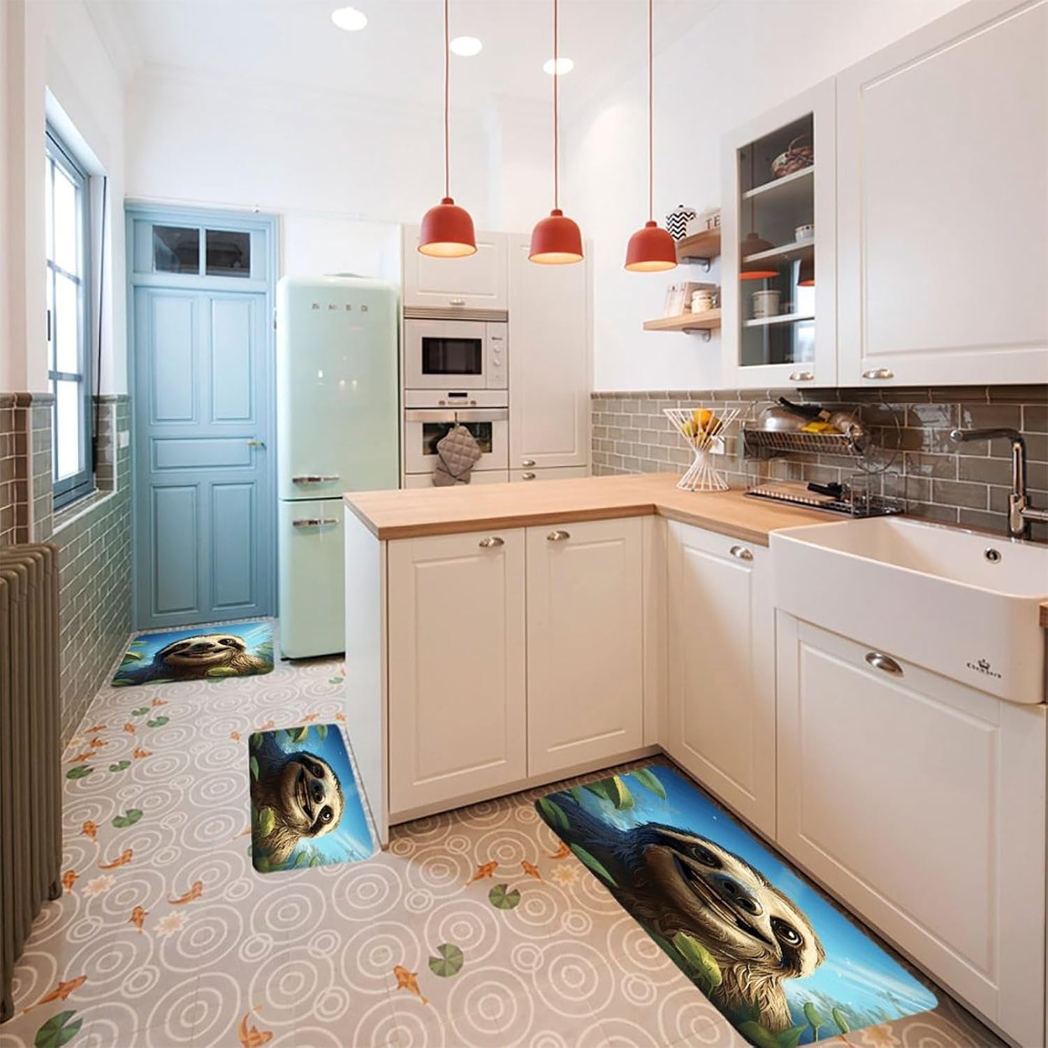 Cartoon Funny Sloth Kitchen Rugs Sets of 3 Non Slip Kitchen Mats for Floor Farmhouse Kitchen Sink Mat Thick Comfort Standing Mat for Laundry Room Hallway Bathroom