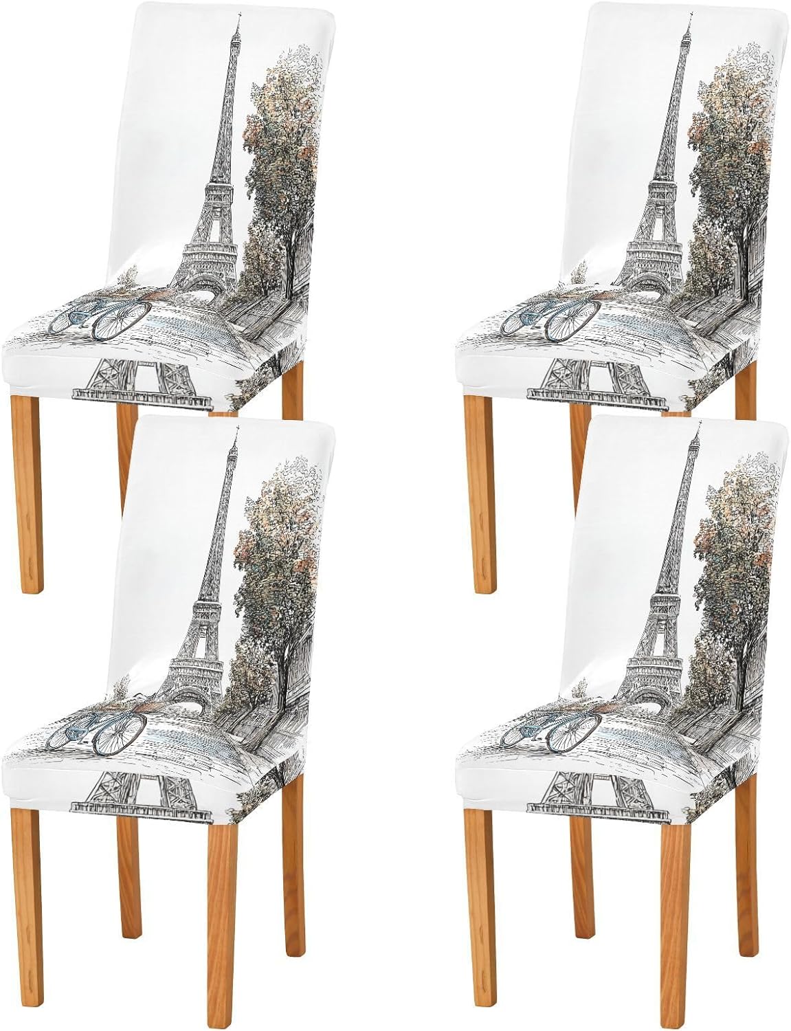 ALAZA Chair Covers for Dining Room, Cartoon Style Paris Eiffel Tower and Bicycle Stretch Chair Cover Sets Chair Protector Removable Washable for Ktichen Restaurant Hotel