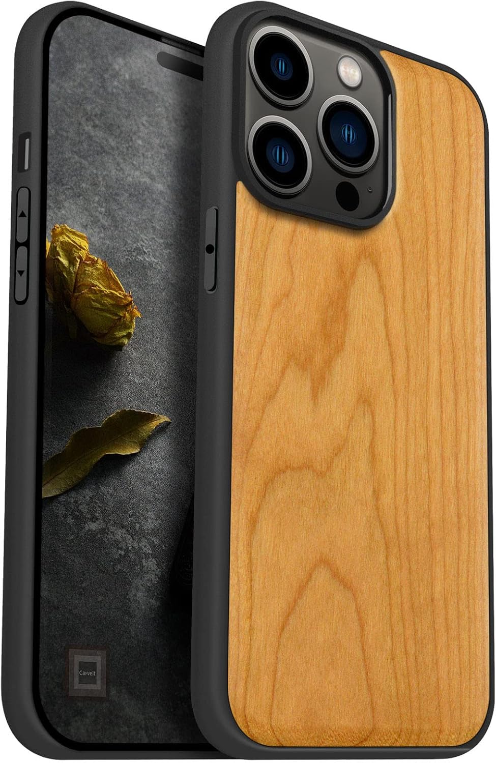 Carveit Magnetic Wood Case for iPhone 14 Pro Max [Natural Wood & Black Soft TPU] Unique & Classy Wooden Shockproof Protective Cover Compatible with magsafe (Blackwood)