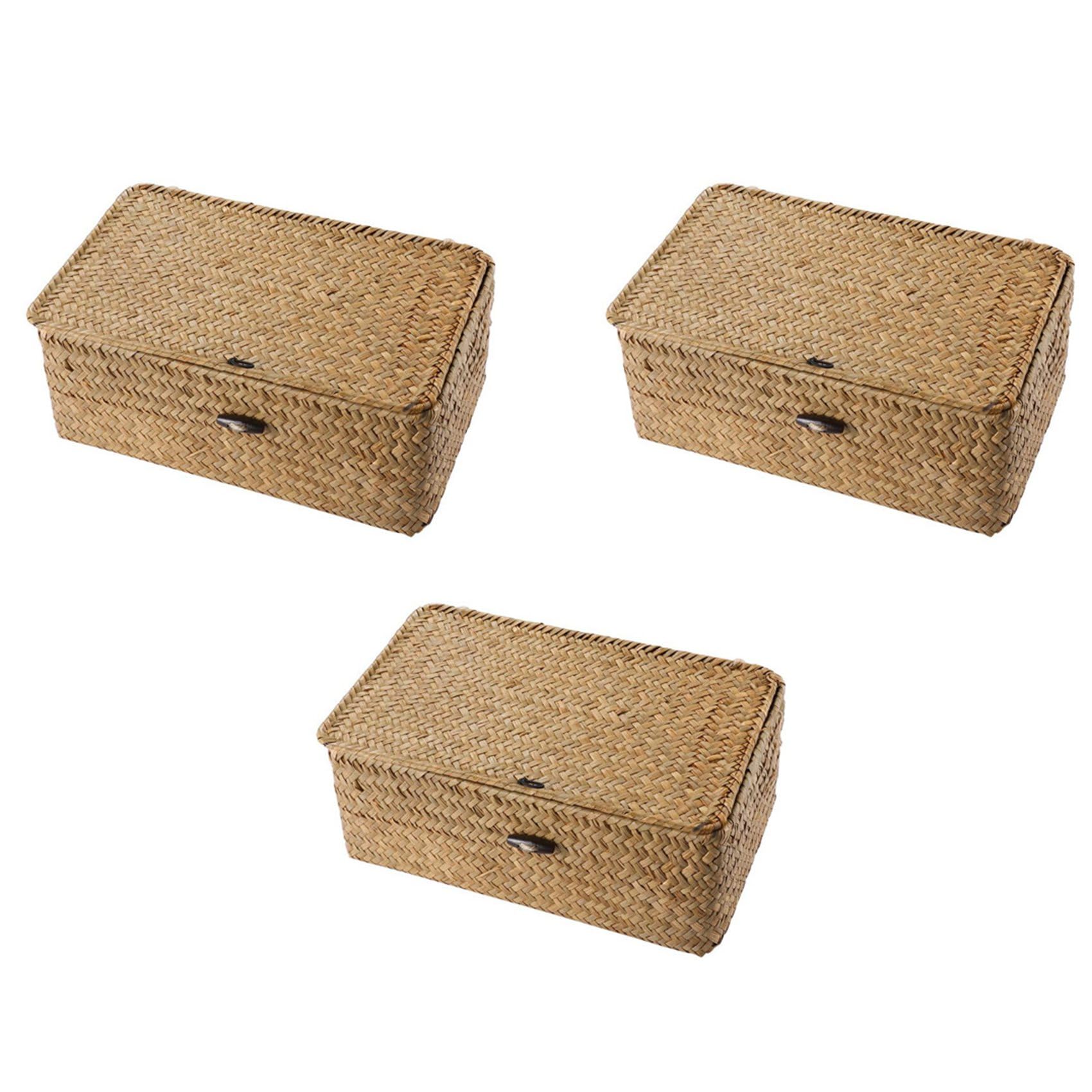 Hndhbfgrt 3X Seagrass Hand Woven Storage Box Storage Box Storage Basket Makeup Organizer Multipurpose Container with Lid