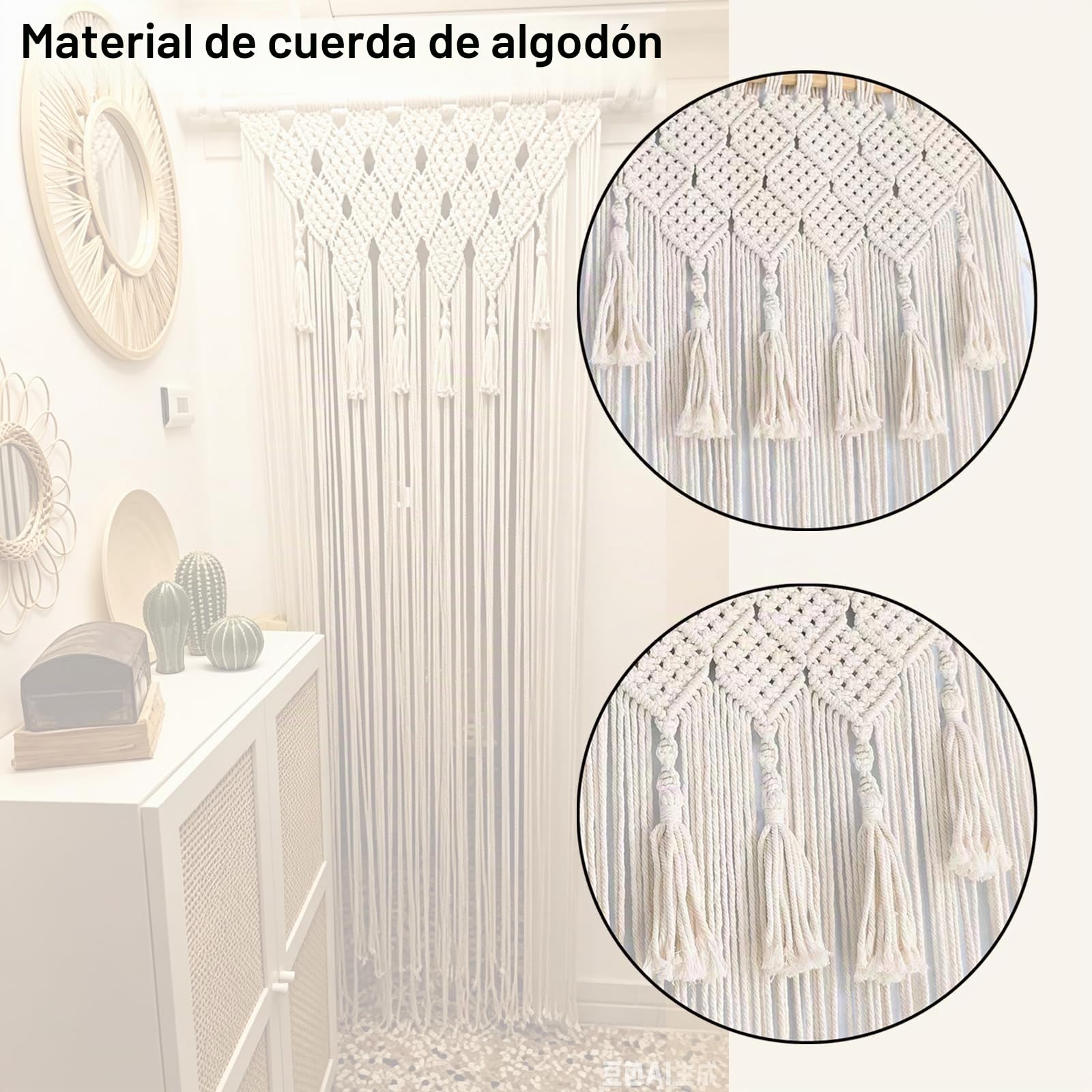NIYATA Gran tapicería bohemia, beige, estilo bohemio, 65 x 200 cm, cortina de puerta, cortina de ventana, cortina de macramé