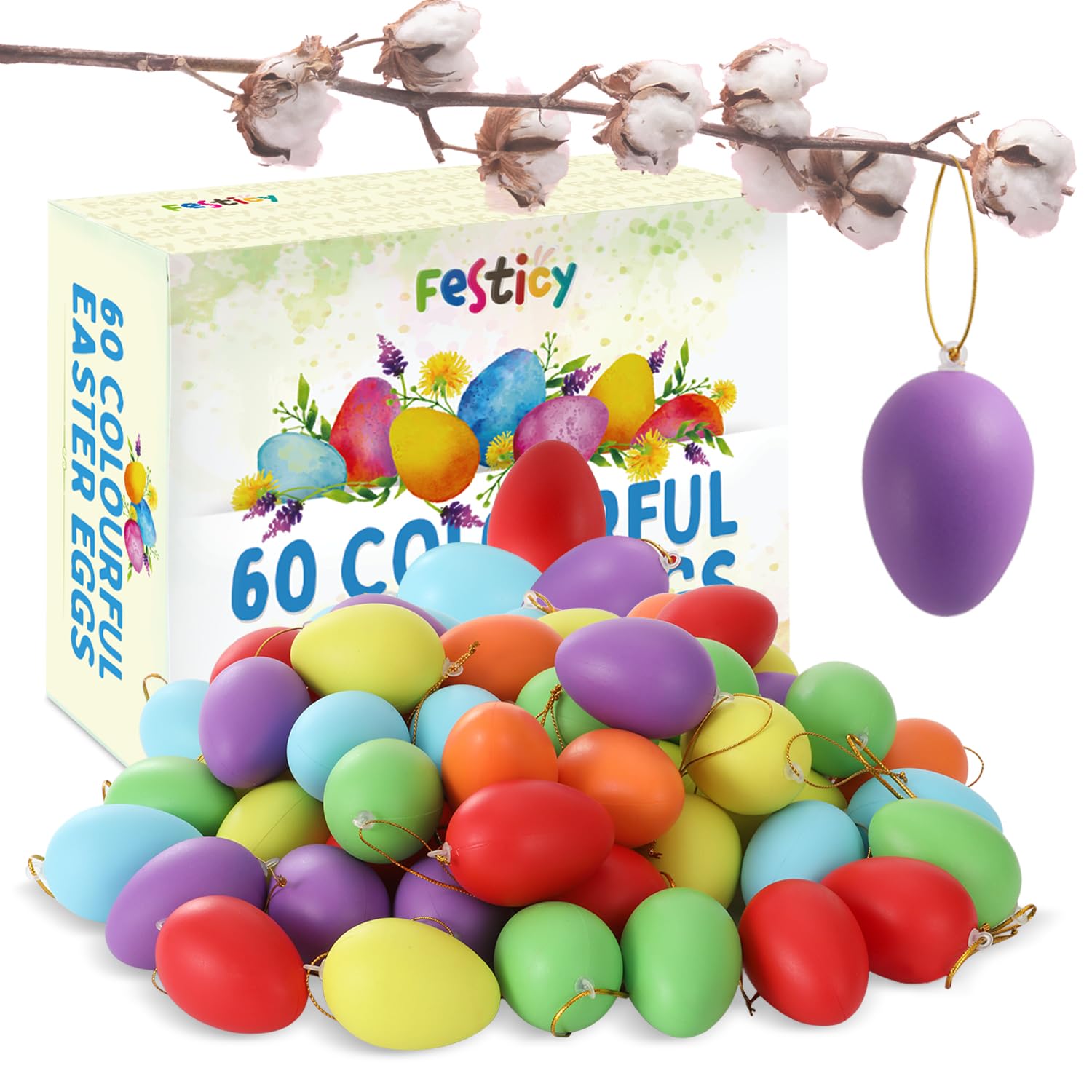 Festicy Bunte Ostereier Plastik zum Aufhängen I 60 Stück I Osterdeko für Draußen und Innen I 6 Farben I Osterschmuck Outdoor Wetterfest & Robust I Ostern Deko I Osterschmuck Outdoor