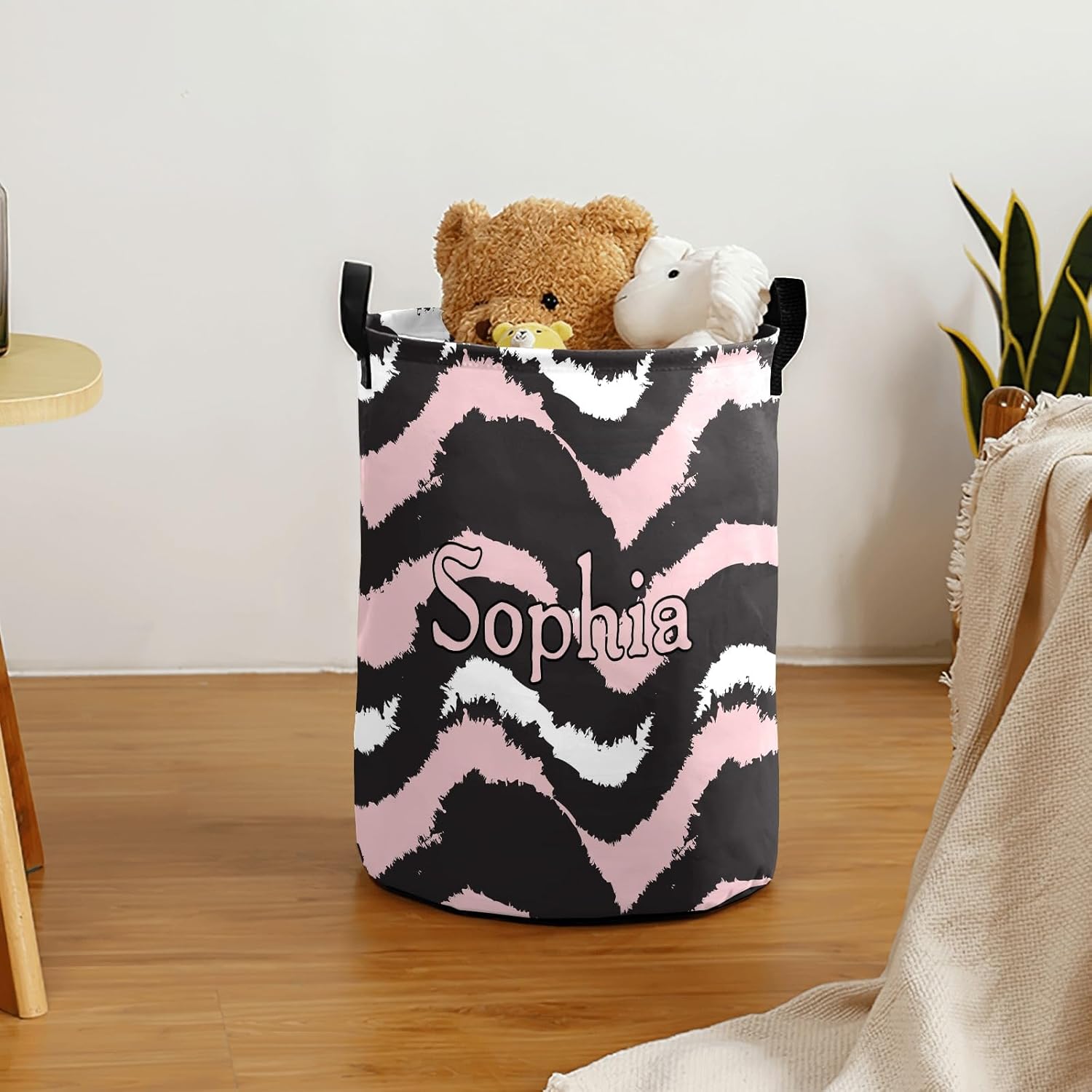 Custom Chevron Funny Black Pink Laundry Basket with Name Text Waterproof Bedroom Living Room Storage Basket