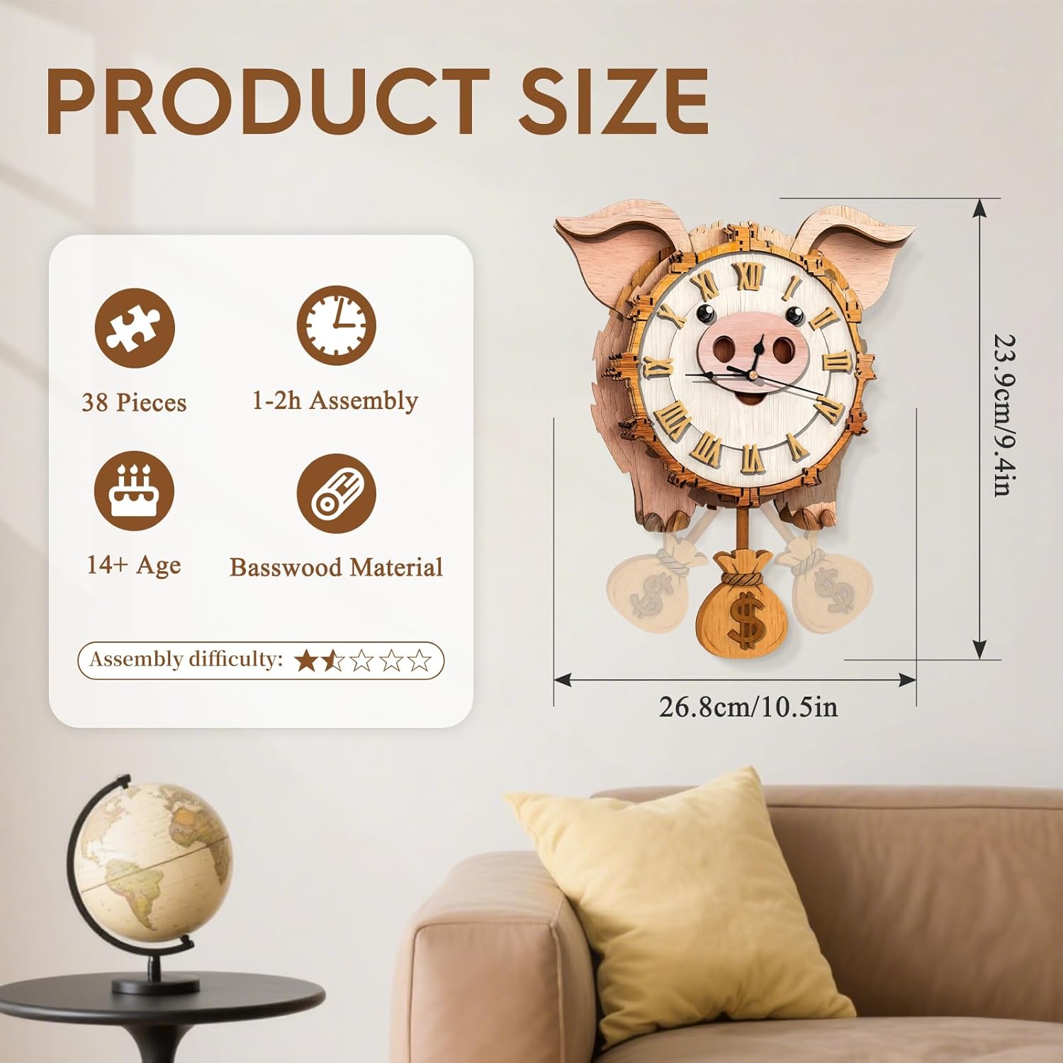 3D Puzzles for Adults Clock-Pig Design Model Kit-Mechanical DIY Pendulum Clock with Roman Numerals-Desk Home Office Decor Personalized Gift for DIY Lovers