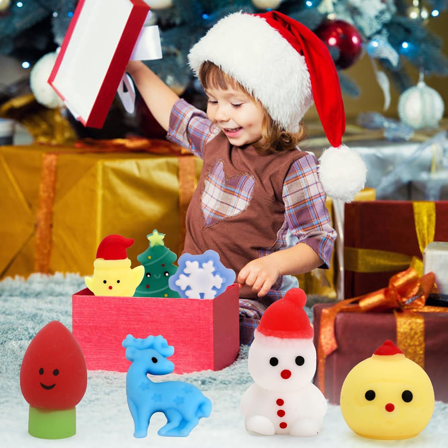 50 Pcs Christmas Mochi Squishy Toy Party Favors,Mini Squishies Cute Squeeze Toy Stress Reliever Anxiety Packs for Kid