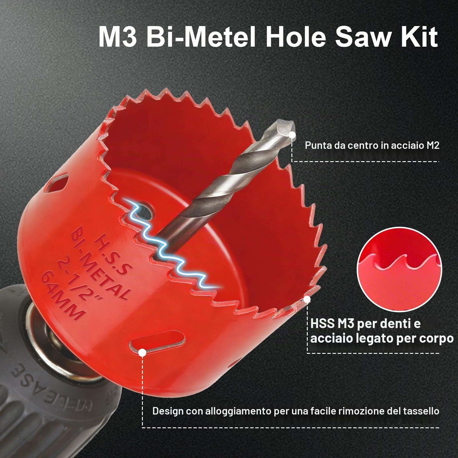 Greywolf Set di 15 pezzi di sega a tazza bimetallica, kit di sega a tazza M3 HSS con lama da 19-64 mm (3/4"-2-1/2"), 9 lame per sega a tazza, con scatola, mandrino, punta per trapano, chiave esagonale