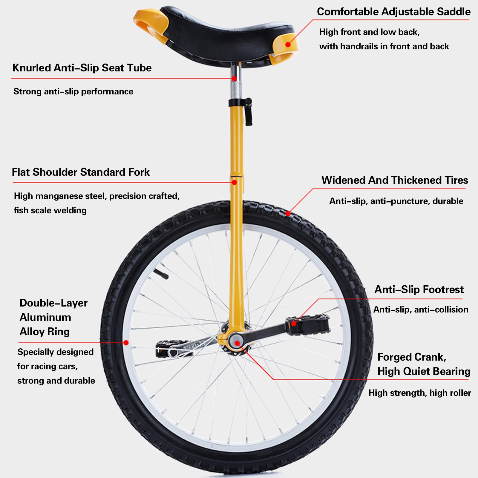 Monocycle – Monocycle d'extérieur avec cadre en acier durable, pneu étanche, hauteur réglable, siège incurvé en PU pour fitness et exercice