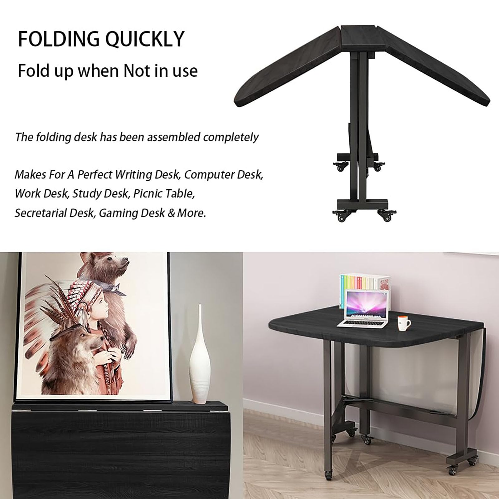 Amazon｜6輪付きドロップリーフ折りたたみテーブル、折りたたみ