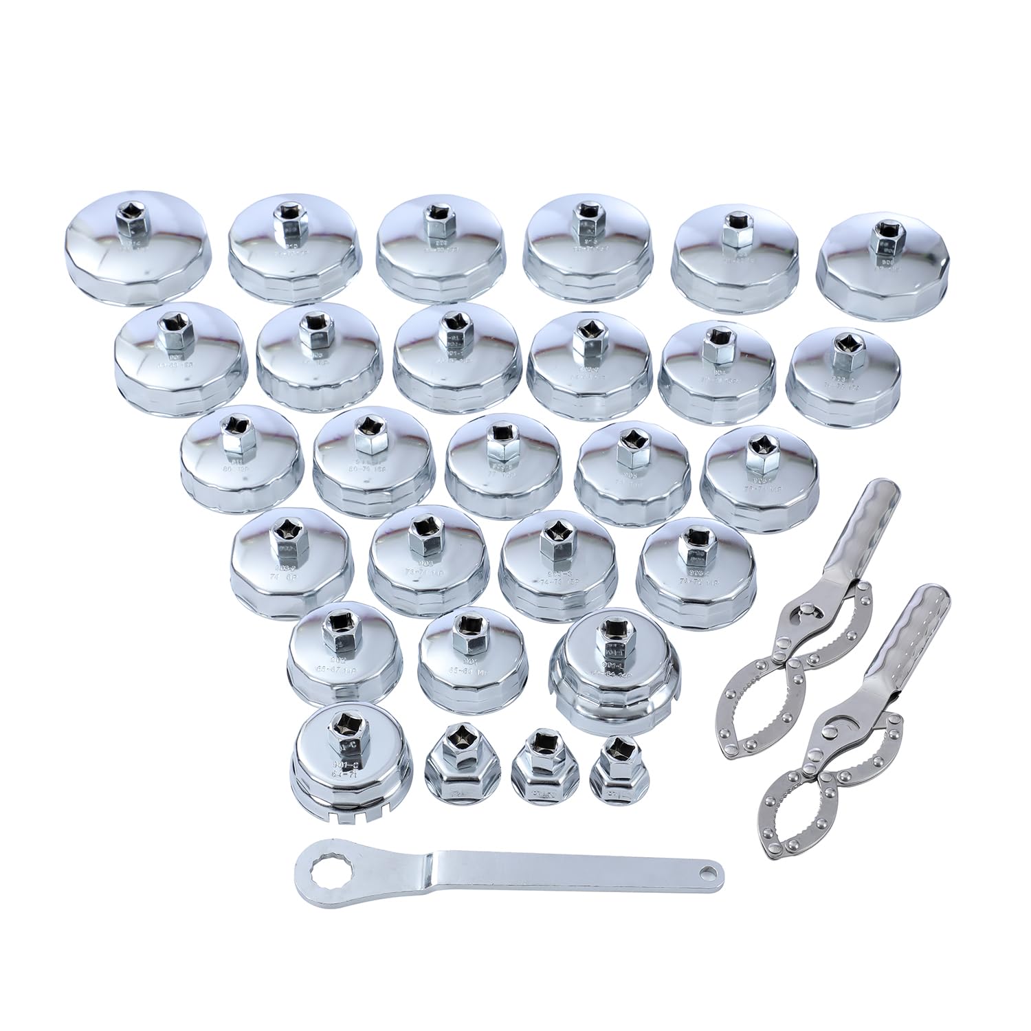 TOPWAY 31 PCs 1/2" Juego de Vasos para Llaves de Filtro de Aceite con 2 Esposas Tipo de Llave de Filtro de Aceite de Ajustable y Llave, Acero Inoxidable, para Reparación de Automática