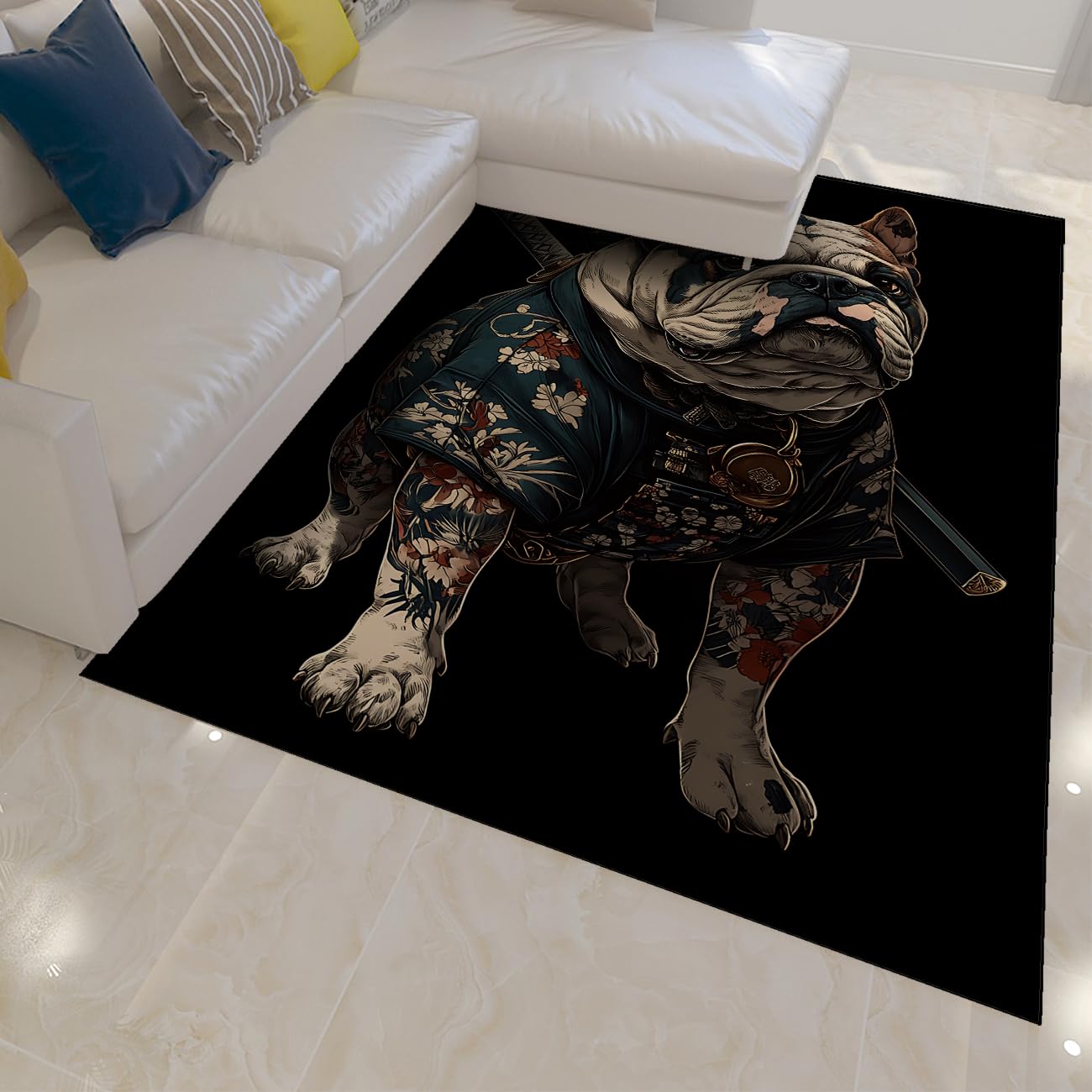 Samurai Bulldog - dywan obszarowy, nadaje się do prania, antypoślizgowe, czarne dywaniki, miękki, dywan z niskim włosiem, do salonu, biura, jadalni, 160 x 200 cm