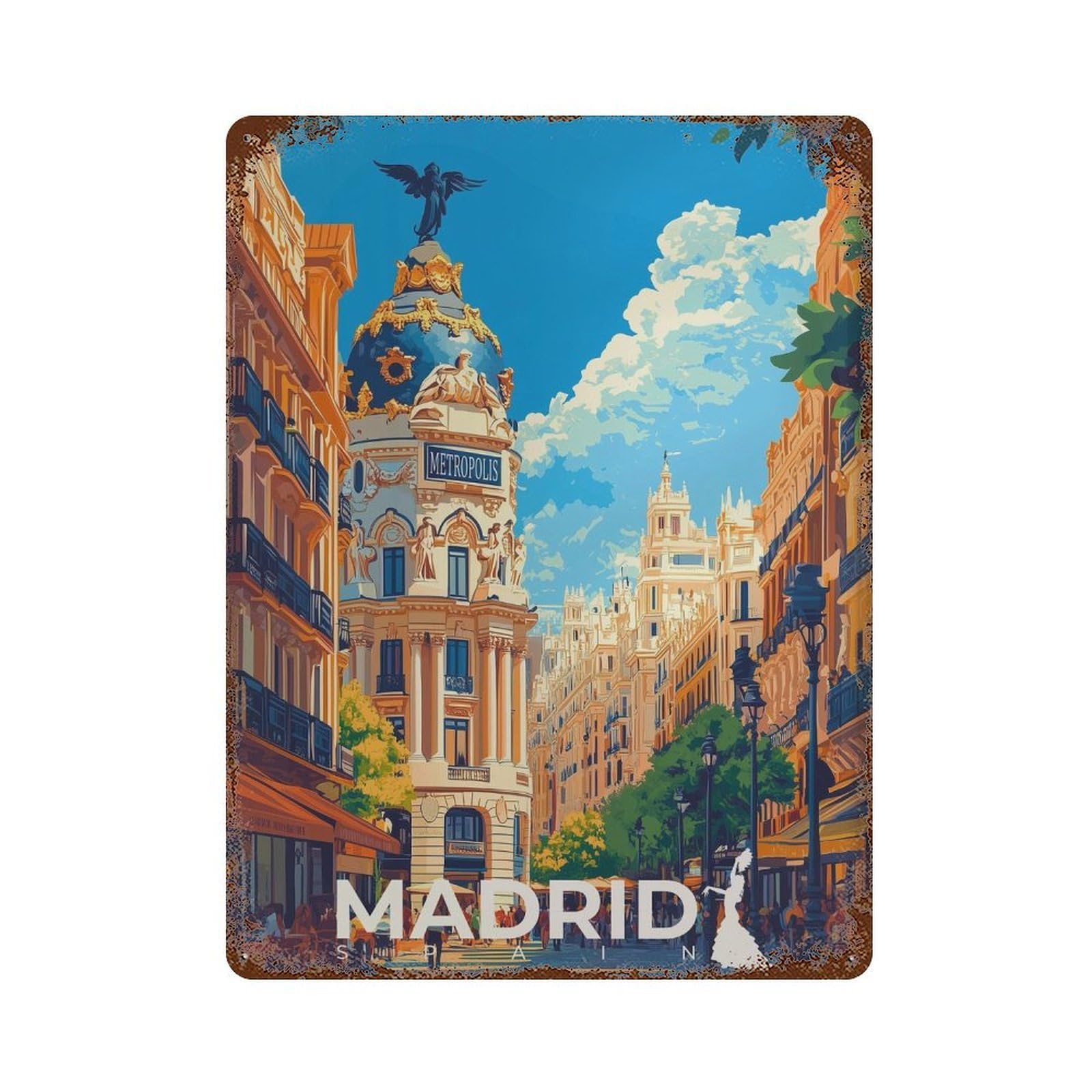 xiaoxiaoshen Madrid Travel Mediterranean Wall Decor Art Metal Tin Poster Modern Home Decor Art Home Bar Shop Decorations Vintage Sign 40x30cm