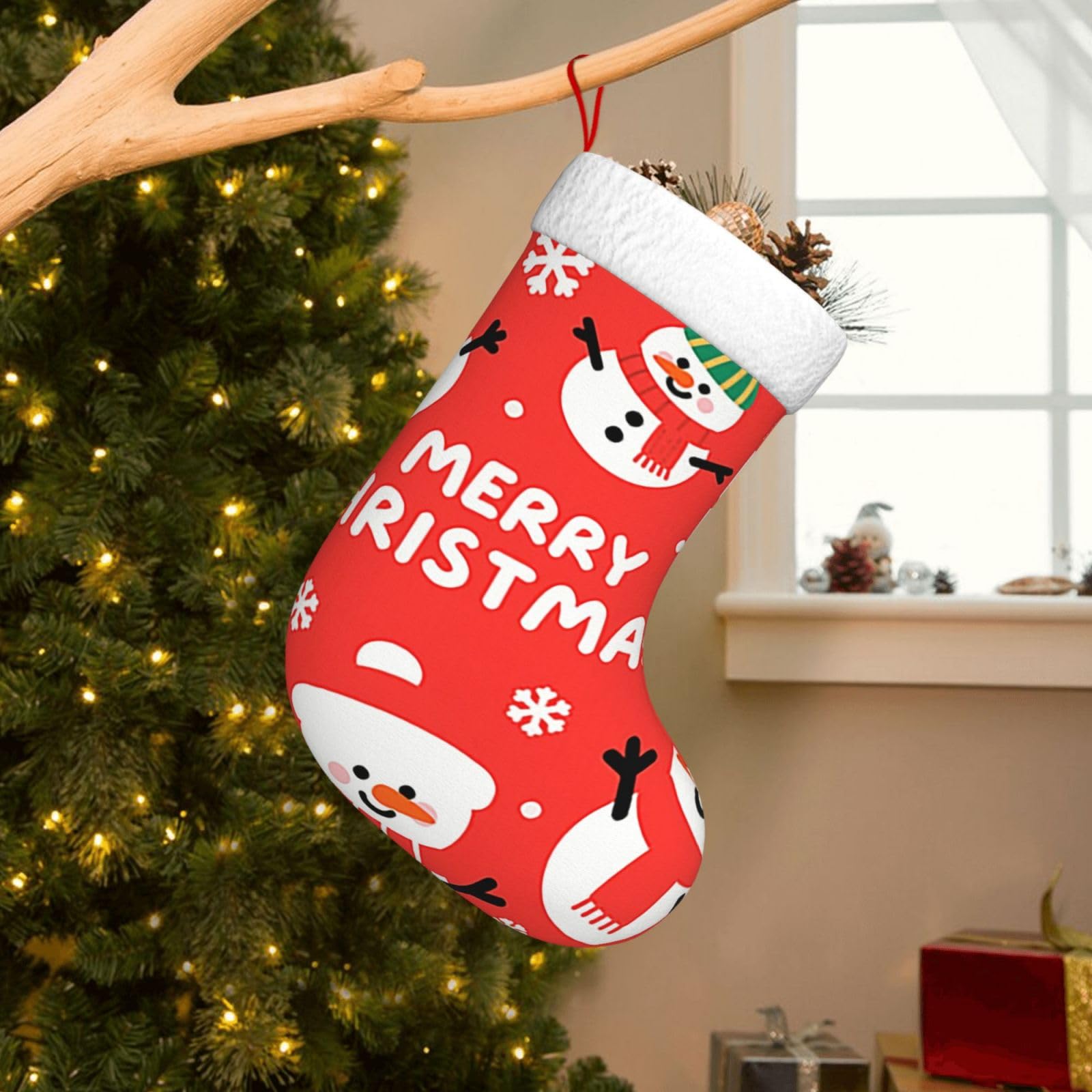 Velvet Christmas Stockings 17.7 Inch, Xmas Snowman Xmas Stocking with Soft Cuff,Classic Personalized Christmas Tree Decoration for Family Holiday New Year Party Supplies