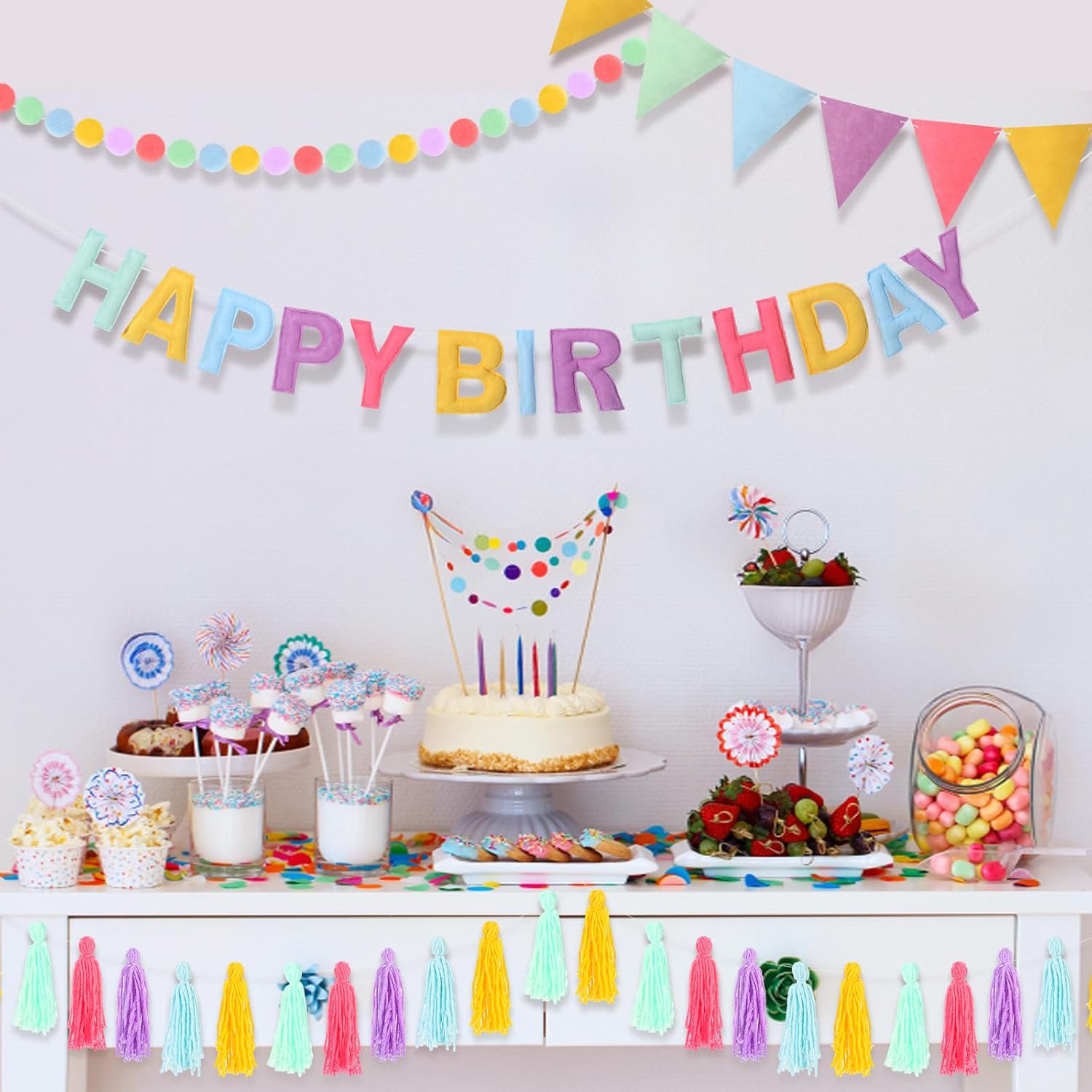 Mindsoft 4 Pcs Felt Happy Birthday Banner Pre-strung Happy Birthday Banner Felt Ball Garland Tassel and Triangle Flags Garland Pastel Backdrop Decorations for Kids Adults Party Supplies