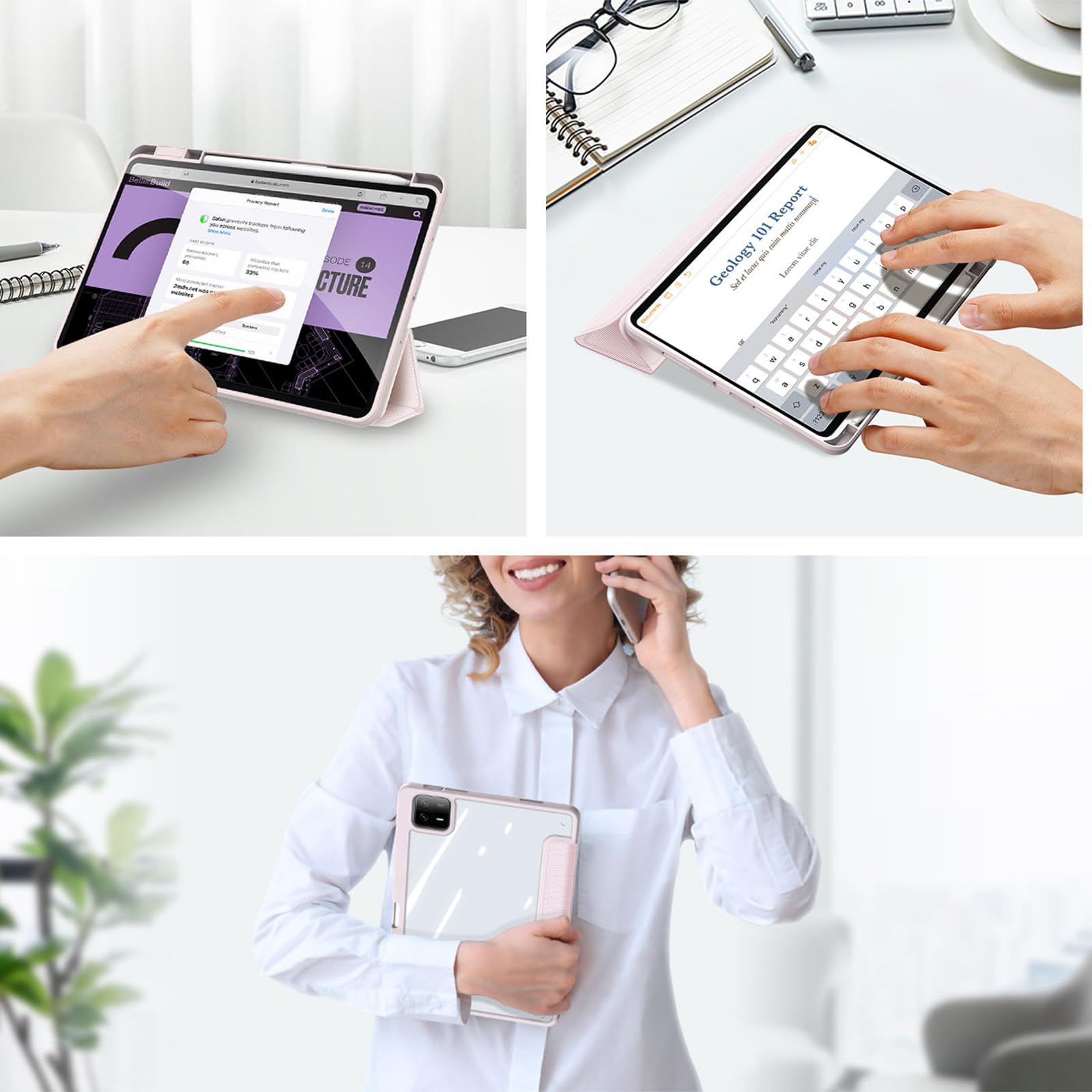 Etui na Xiaomi Pad 6/6 Pro, miękka tylna obudowa TPU z uchwytem na długopis S, automatyczne uśpienia/budzenie, oglądanie pod wieloma kątami, różowe