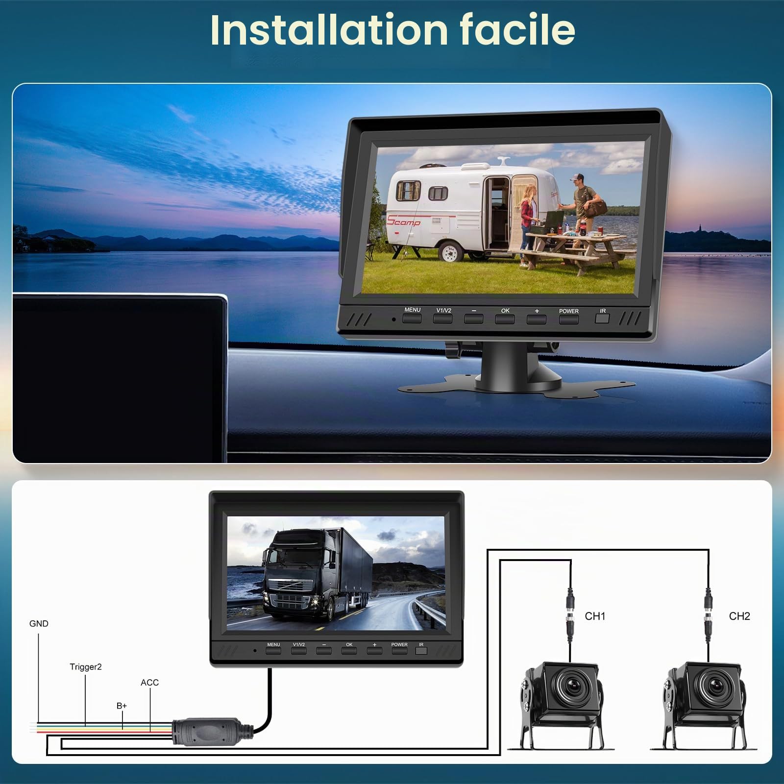Hodozzy Caméra de Recul Kit, Ecran 7 Pouces HD Moniteur Filaire avec 2 Cameras Etanches Vision Nocturne Double Camera de Recul pour Voiture Filaire avec DVR pour Camion/Fourgon/Camping Car/Remorque