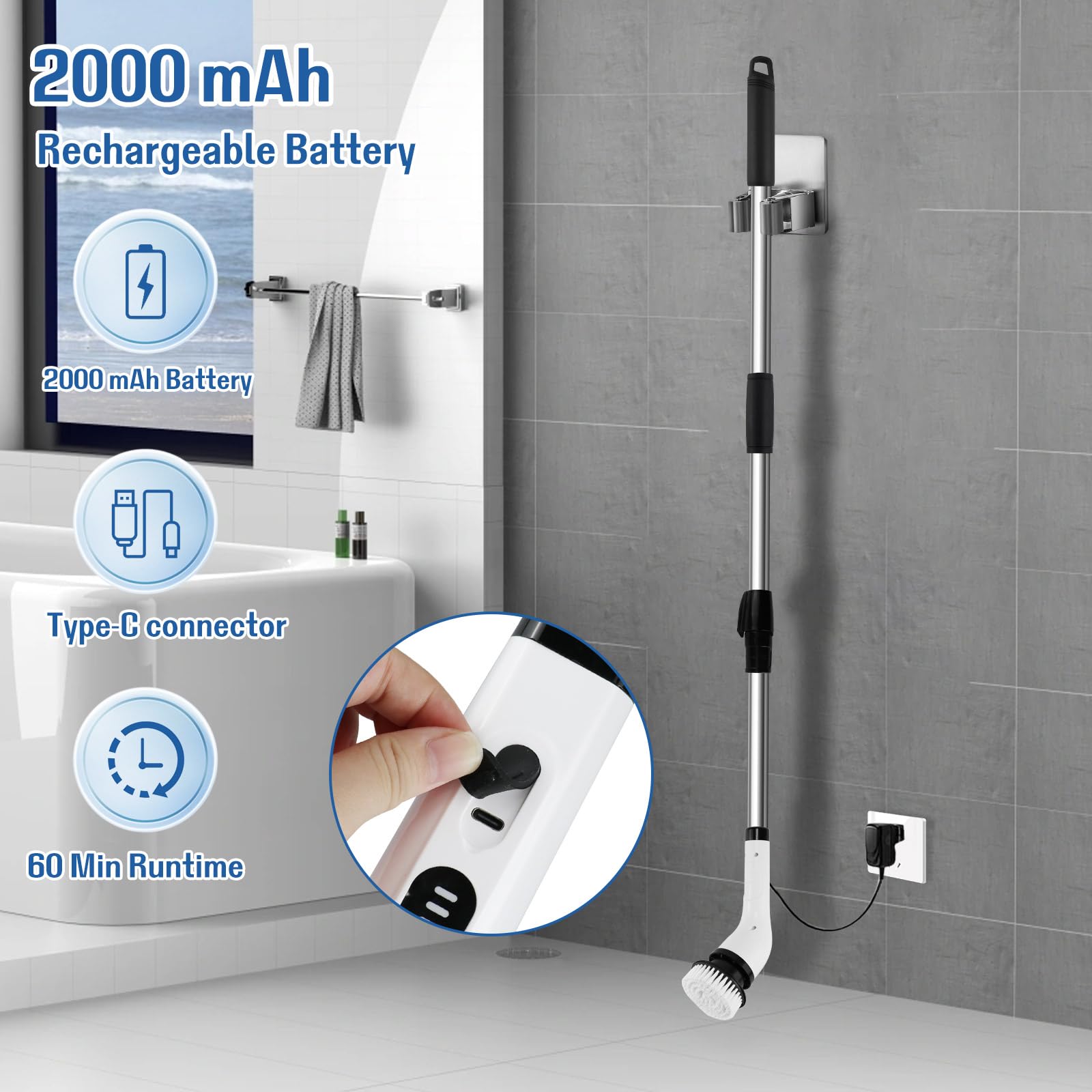 Cepillo Electrico Limpieza Hogar Kit, Escoba Limpieza Fregadora Electrica, con 7 Cabezales de Cepillo de Repuesto, Power Scrubber con Mango Ajustable, para Baño, Suelo de Baldosas, Coche