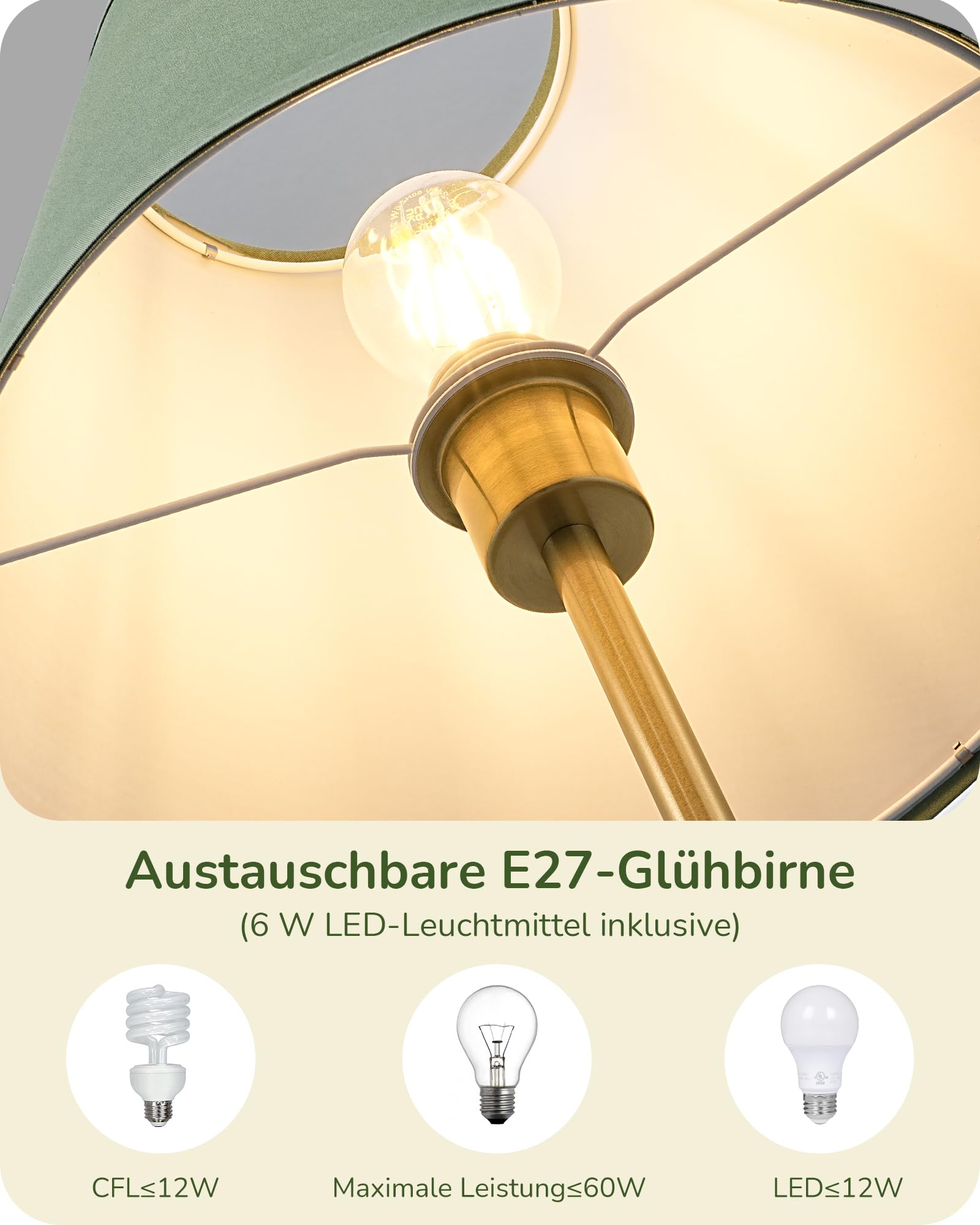 EDISHINE Stehlampe Wohnzimmer, Baumwoll-Leinenschirm, Retro, 2700K, Grün