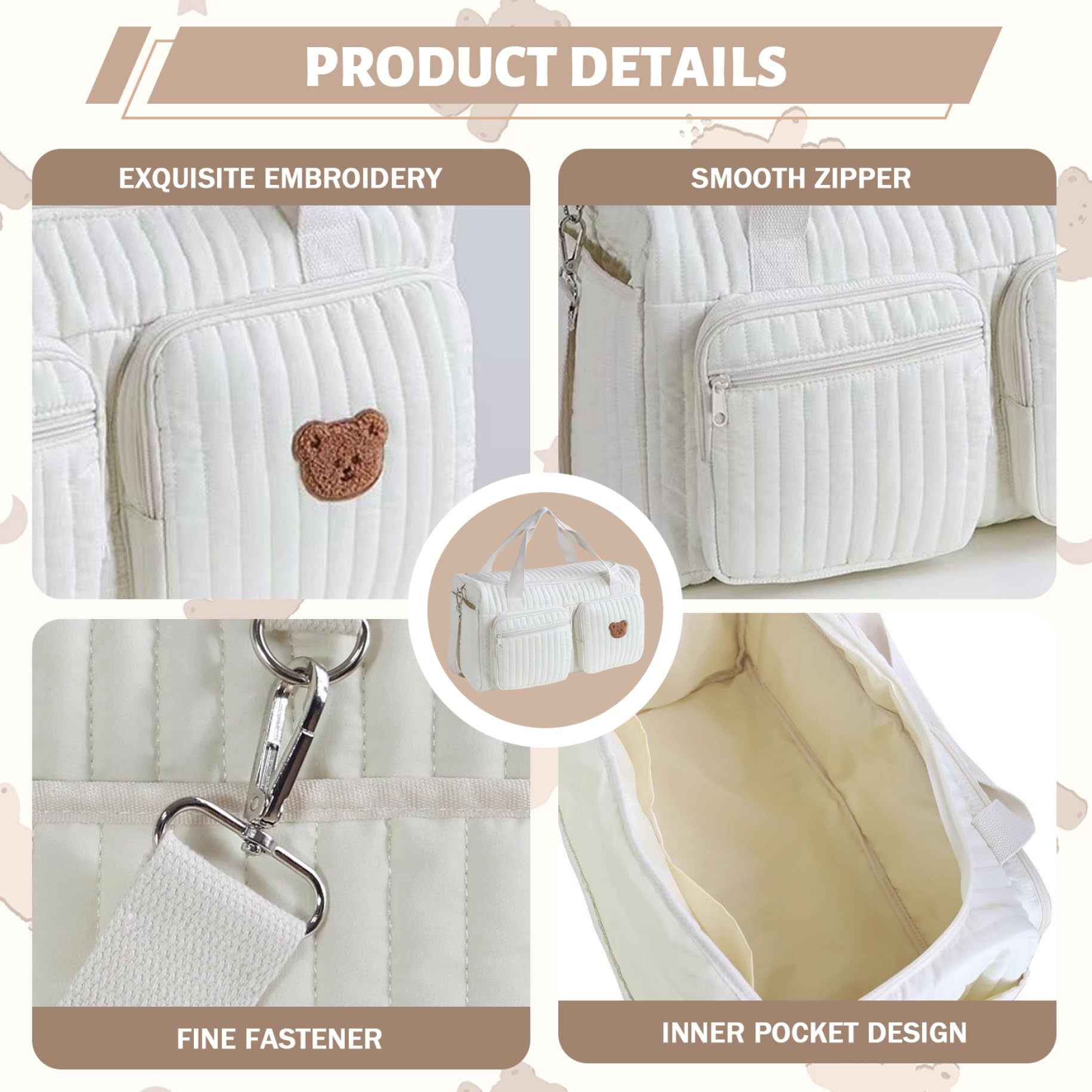 Sac de sport matelassé, sac de voyage pour bébé capacité avec broderie d'ours mignon pour les voyages à l'hôpital et en week-end, 18, 9 x 10, 2 x 8, 7 pouces, décoration la maison
