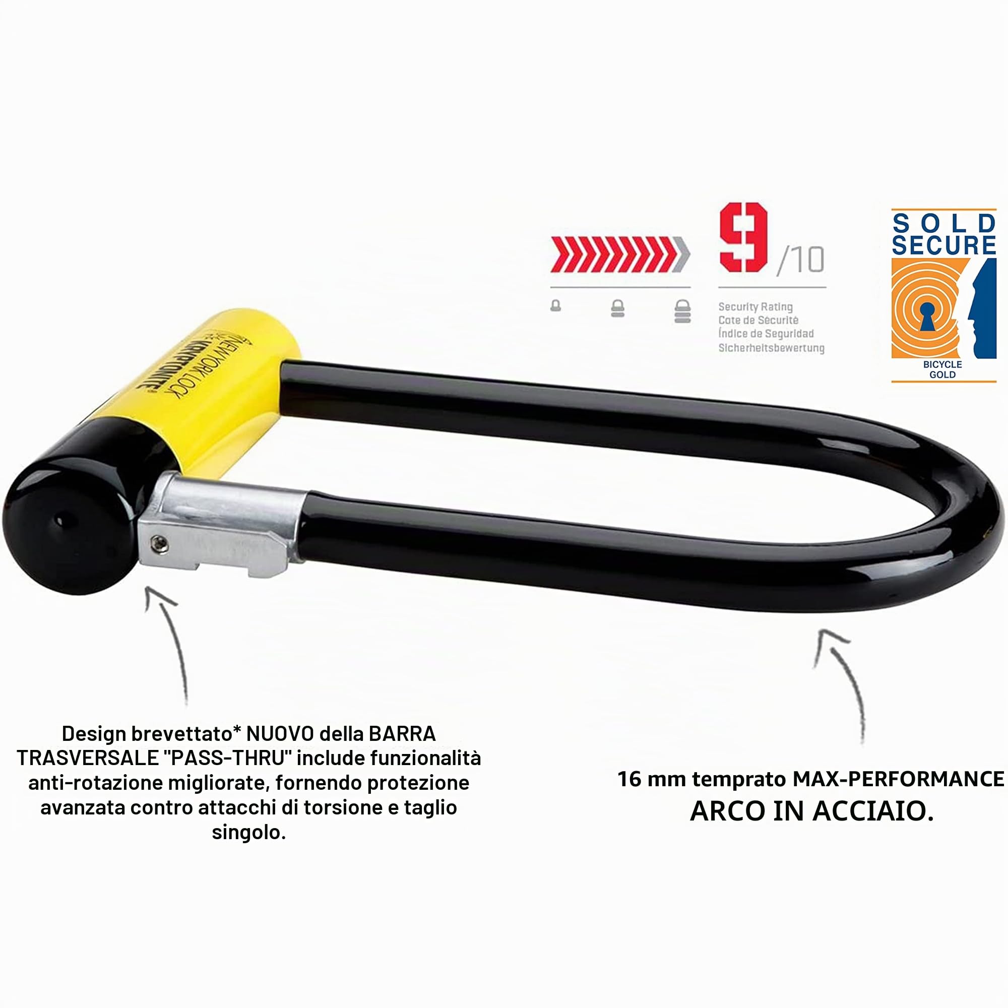 Kryptonite New York - Serratura standard con staffa a U per telaio flessibile, colore: Giallo, con grillo standard
