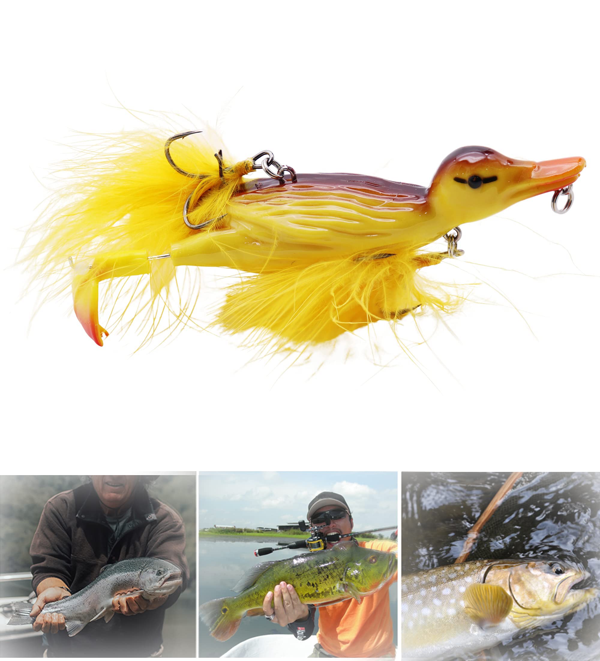 MAKINGTEC Duck Topwater Fishing bait Lure, Yellow Duckling Floating Artificial Bait Plopping and Splashing Feet Hard Fishing Tackle for sea and freshwater fishing