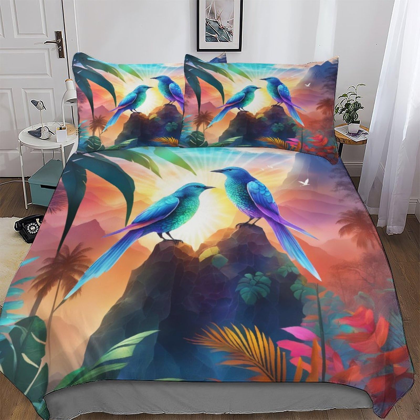 Parure de lit oiseau mignon avec housse de couette king en microfibre 3 pièces