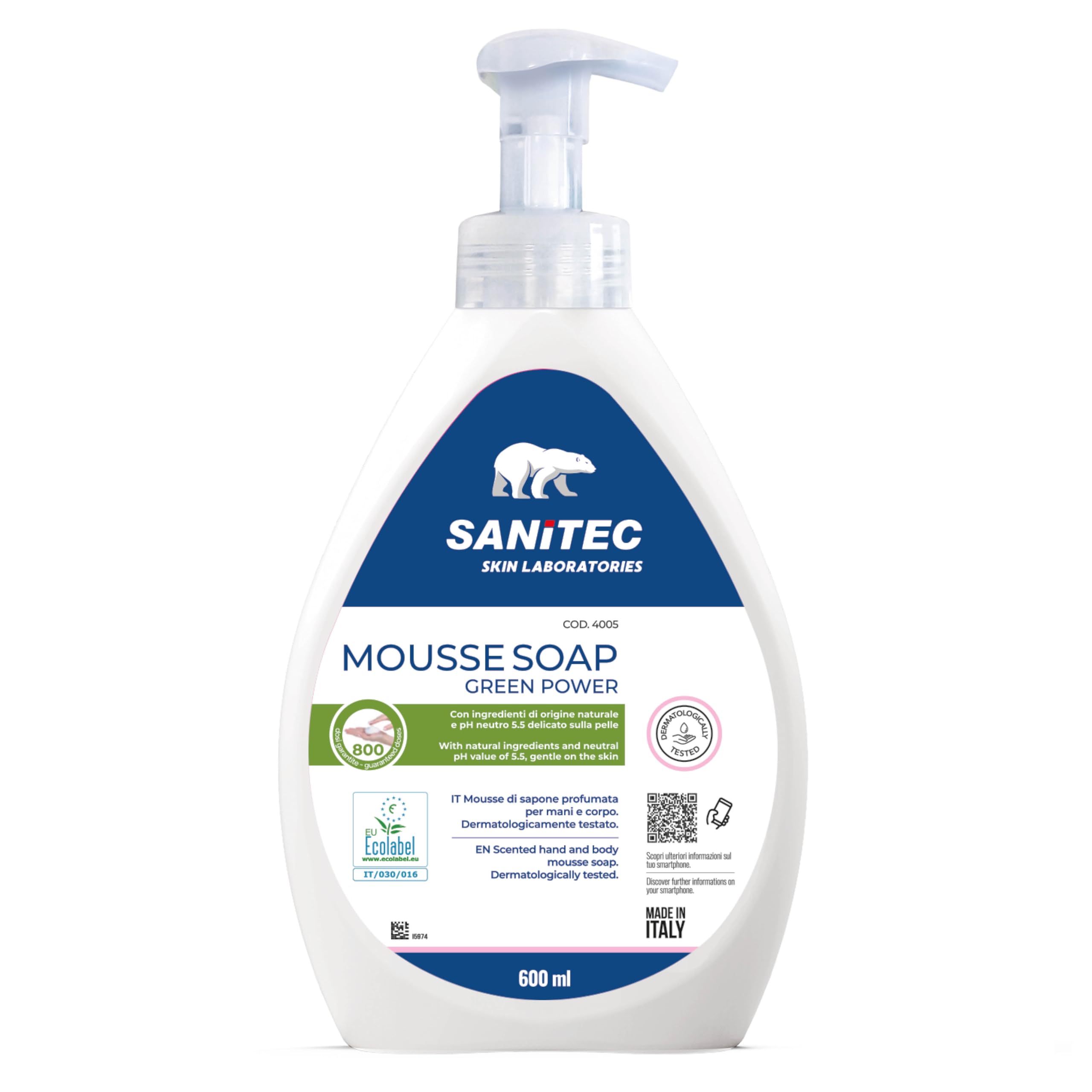 Sanitec MOUSSE SOAP Green Power, Mousse di Sapone a pH Neutro per Pulizia Quotidiana. Con Agenti ad azione Idratante. Dermatologicamente Testato, Per Mani, Viso e Corpo, certificata EU Ecolabel, 600ml